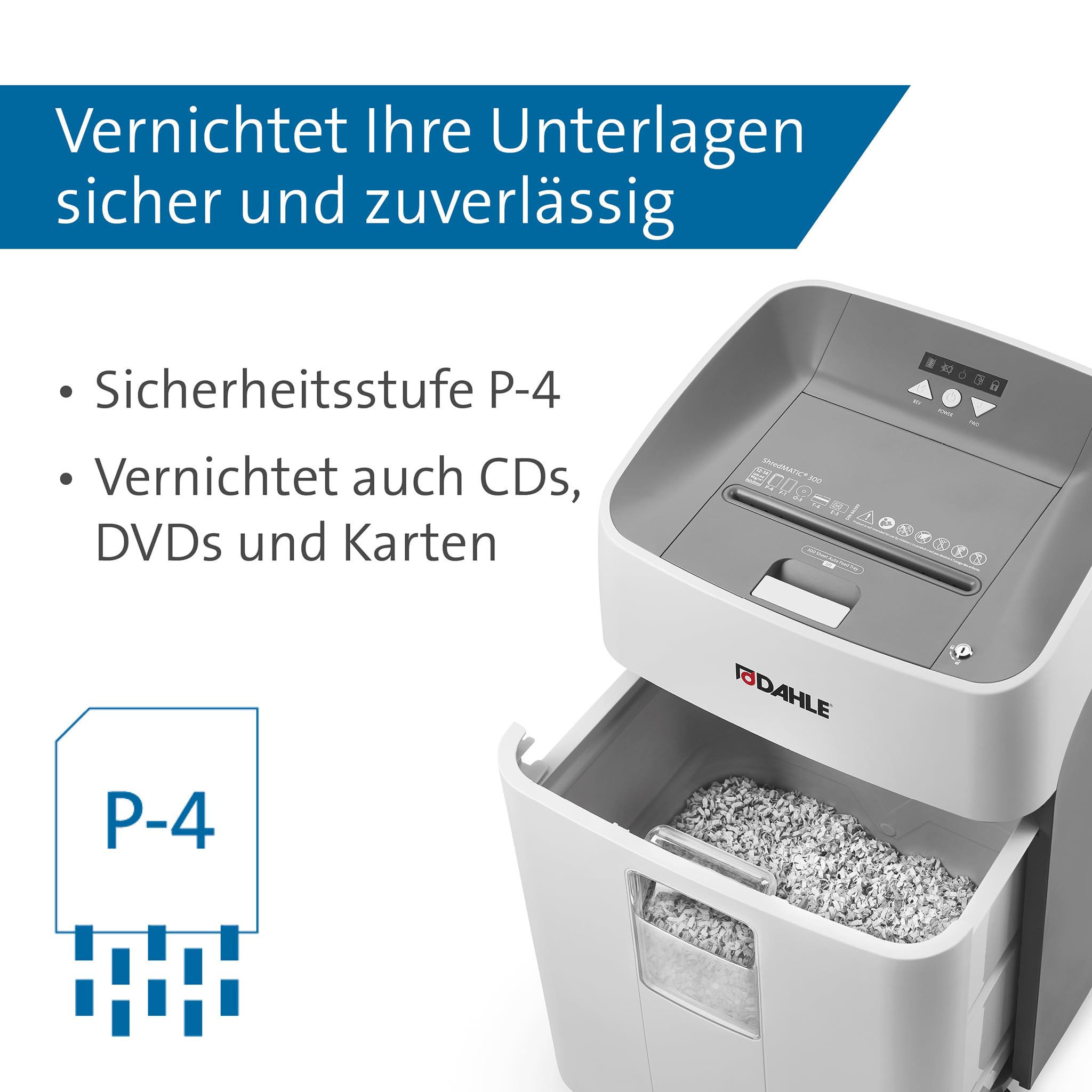 Dahle ShredMATIC 300 P4 Automatic Feed Shredder (300 Sheets, Particle Cut, Oil and Maintenance-Free, Automatic Paper Feeder), Grey