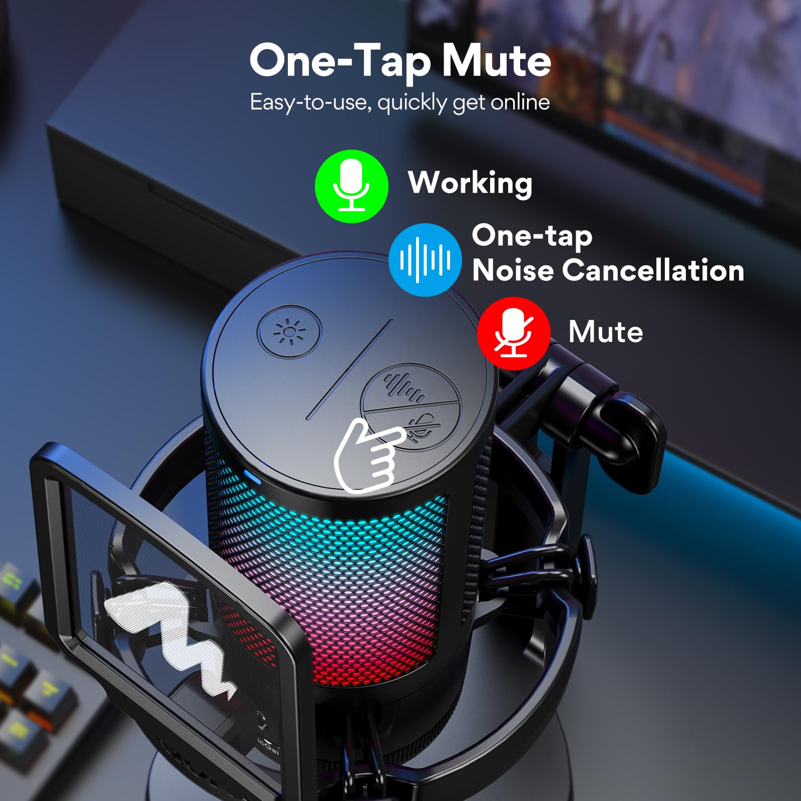 MAONO RGB Condenser Gaming Mic, USB Podcast Microphone with Active Noise Cancellation, Mic Gain, 1-Click Mute, Adjustable RGB Light for YouTube Recording, PC, Laptop (DGM20-Black)