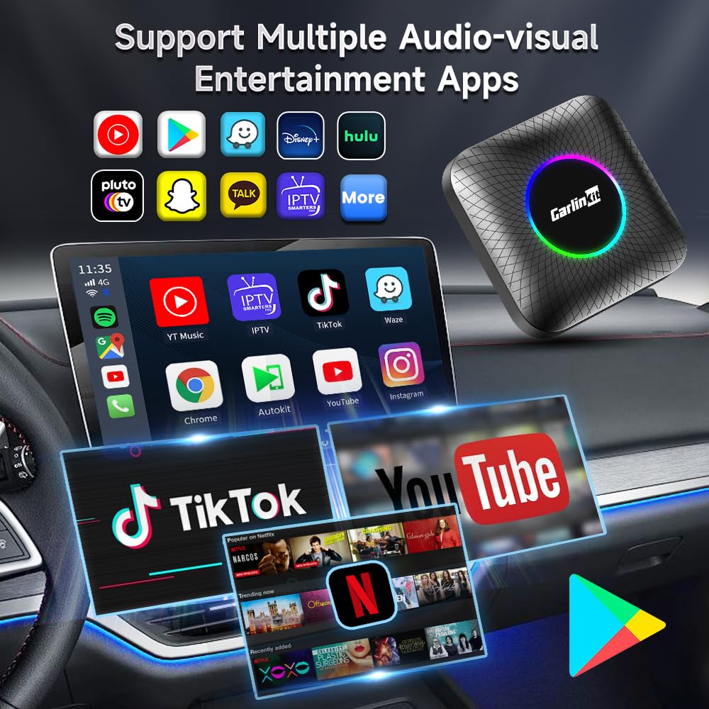 CarlinKit New Android 13 AI Box LED Ambient: Wireless CarPlay/Android Car Adapter, Qualcomm SM 6225.8GB+128GB, Support YouTube/Netflix/Disney+/OTA Upgrade