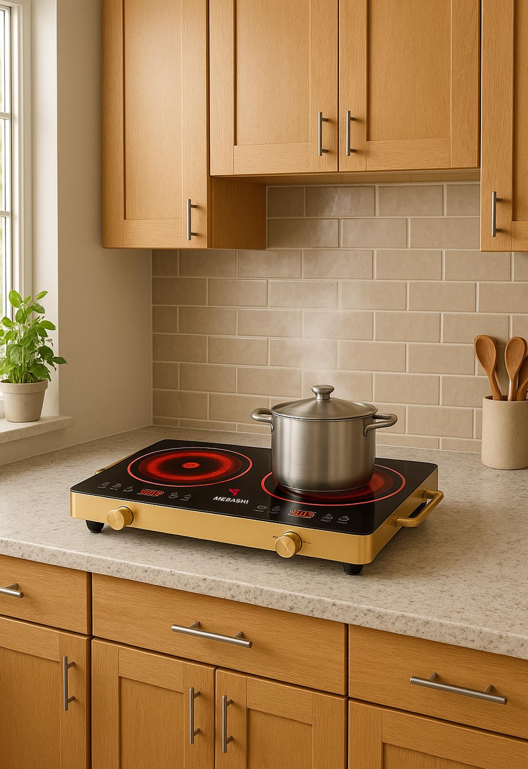 MEBASHI Infrared Cooker, Two Burner, 8 Power Settings,(2800W) Gold (ME-IC125)