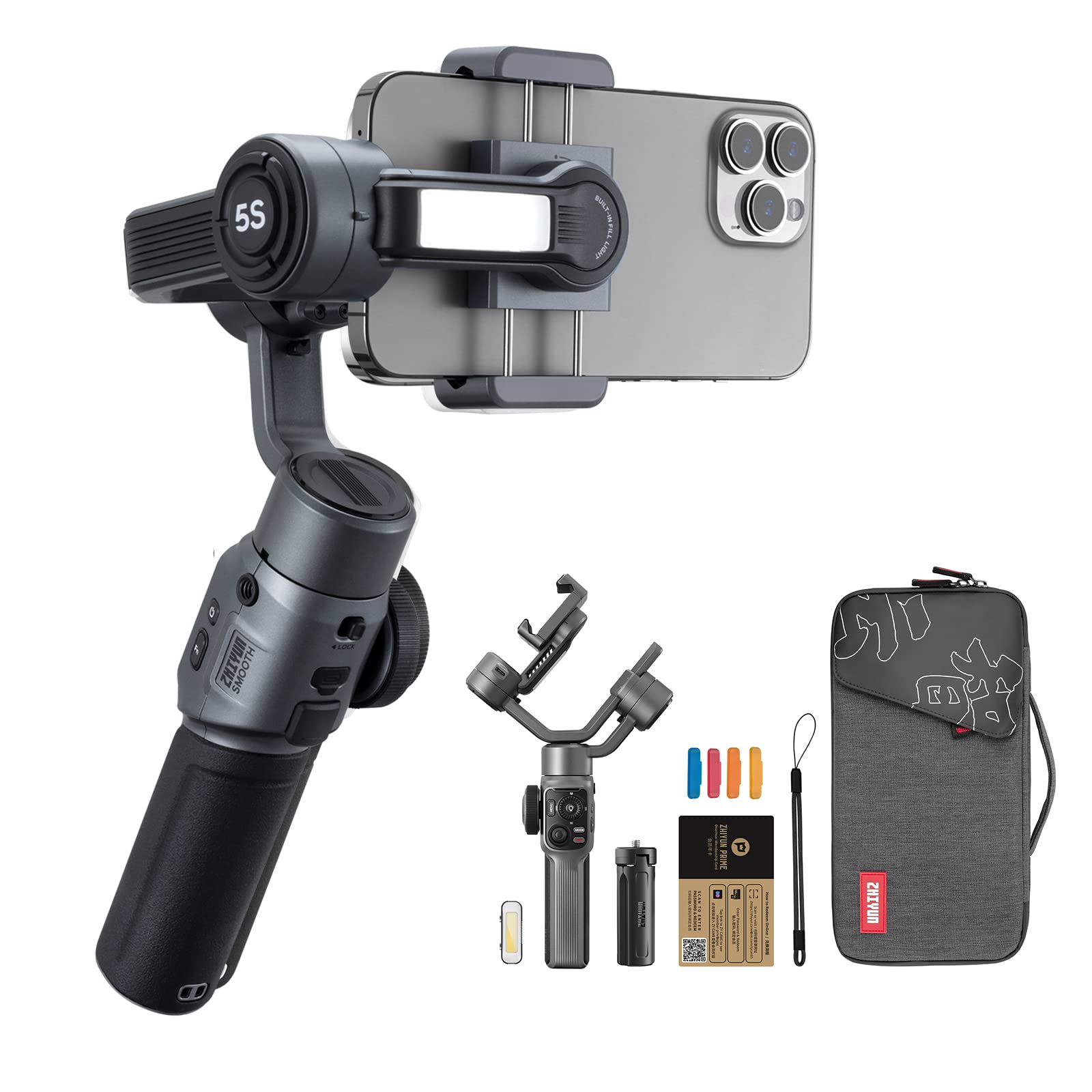 ZHIYUN Smooth 5S Combo Handheld Gimbal Stabilizer with Dual-Side Magnetic Lights for iPhone Smartphone Android Cell Phone - Portable Stabilizer for Vlogging, YouTube, Tiktok, Live Video