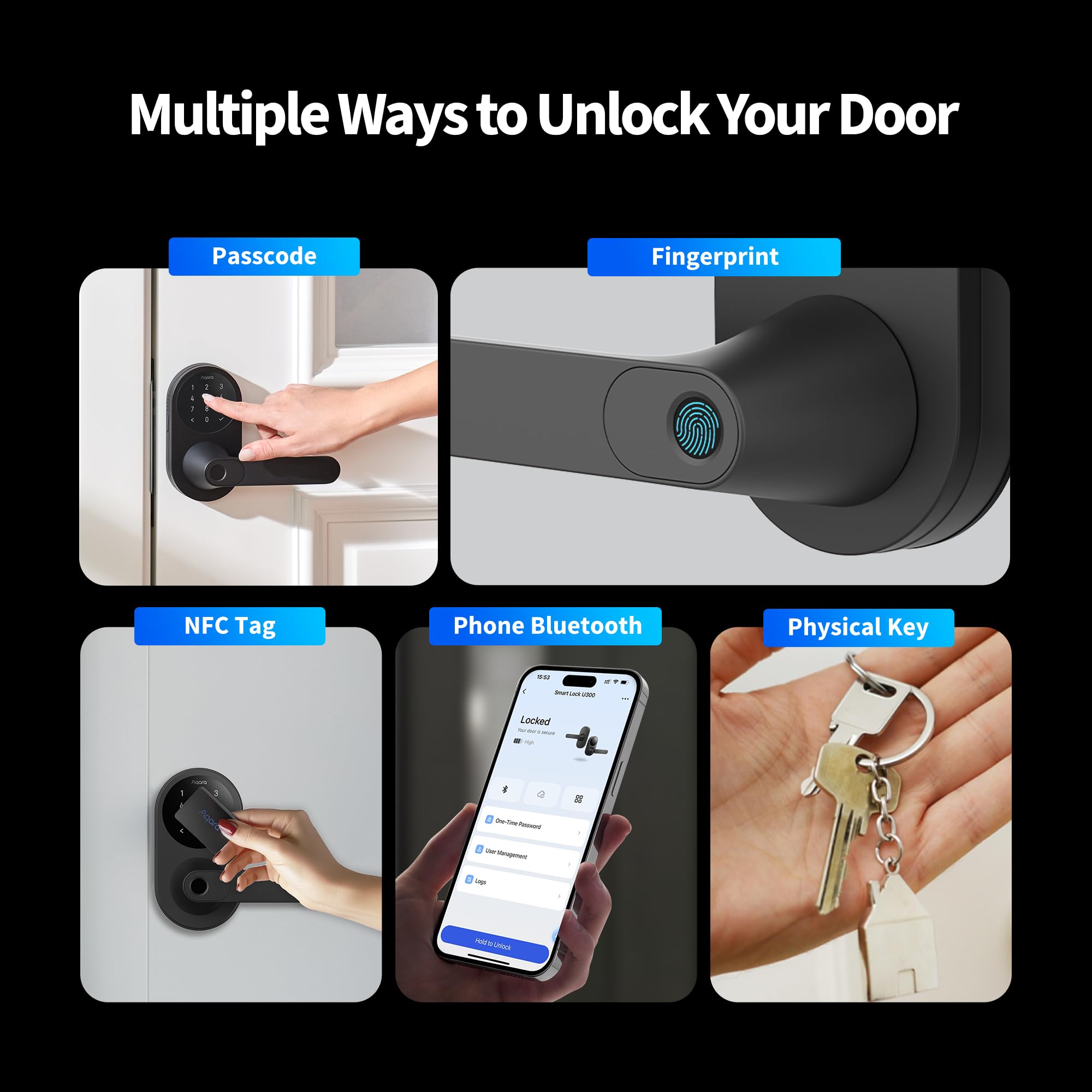 Aqara Smart Fingerprint Keyless Entry Door Lock with Handle, Touch Keypad, U300 Black