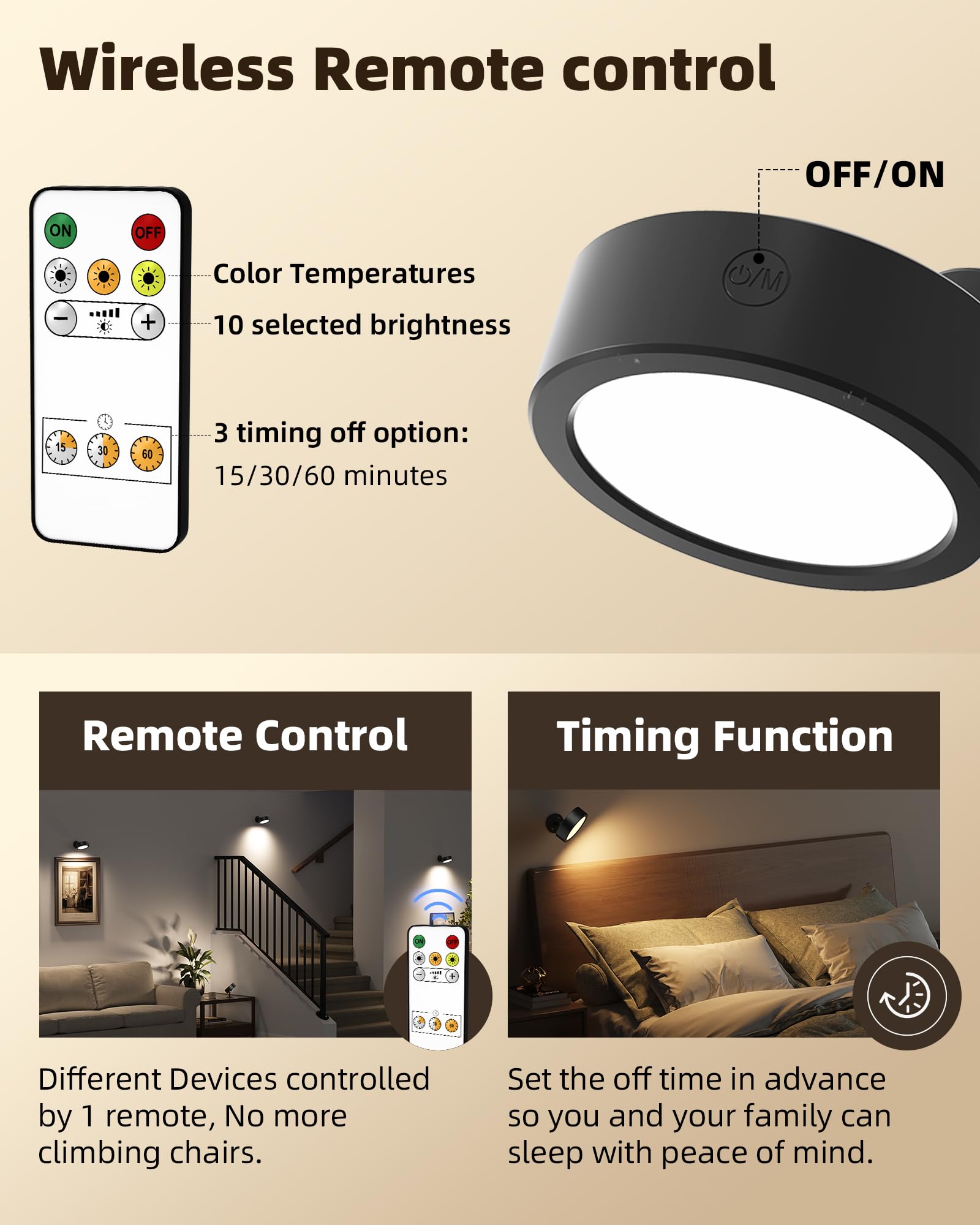 EZVALO Indoor LED Wall Light with 5500mAh Battery, Wireless Wall Lamp with Remote Control, 360 Degree Rotatable, 3 Color Modes, Touch Control for Kids, Living Room and Bedroom, Black (Pack of 2)