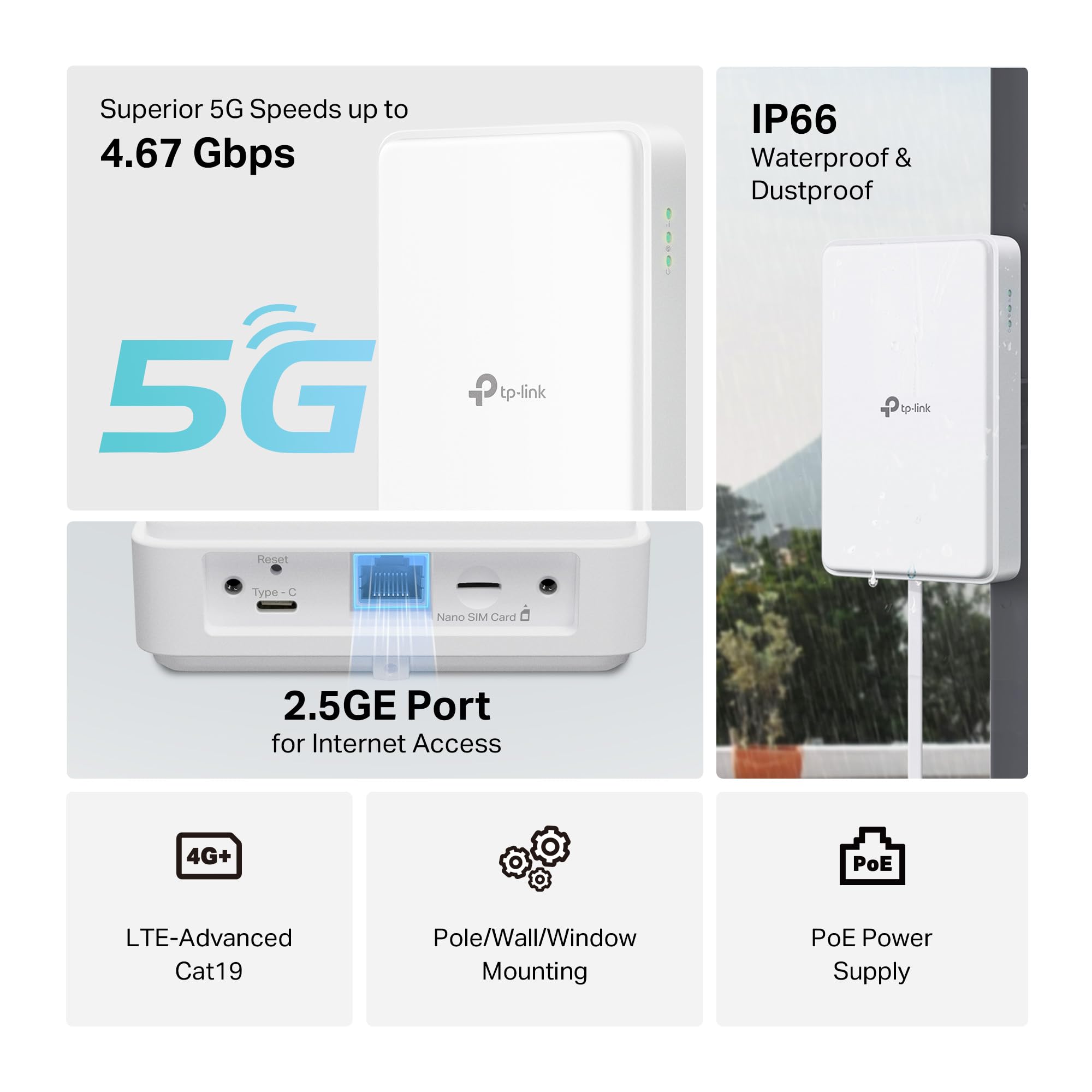 TP - لينك راوتر NE200 خارجي 5G مع شريحة اتصال خارجية، سرعة تحميل 5G تصل إلى 4.67Gbps، 4G CAT19 حتى 1.6Gbps، منفذ 2.5GE، يدعم PoE السلبي و802.3af/802.3at، IP66، حامل مرن