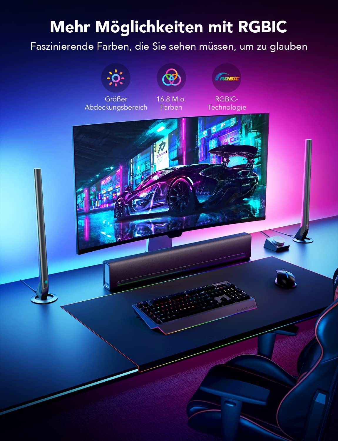 Govee WiFi Gaming LED Light Strip with Desktop Controller RGB IC, 42cm, Music Sync for PC and TV, 60 Modes, Compatible with Alexa and Google Assistant, App Control