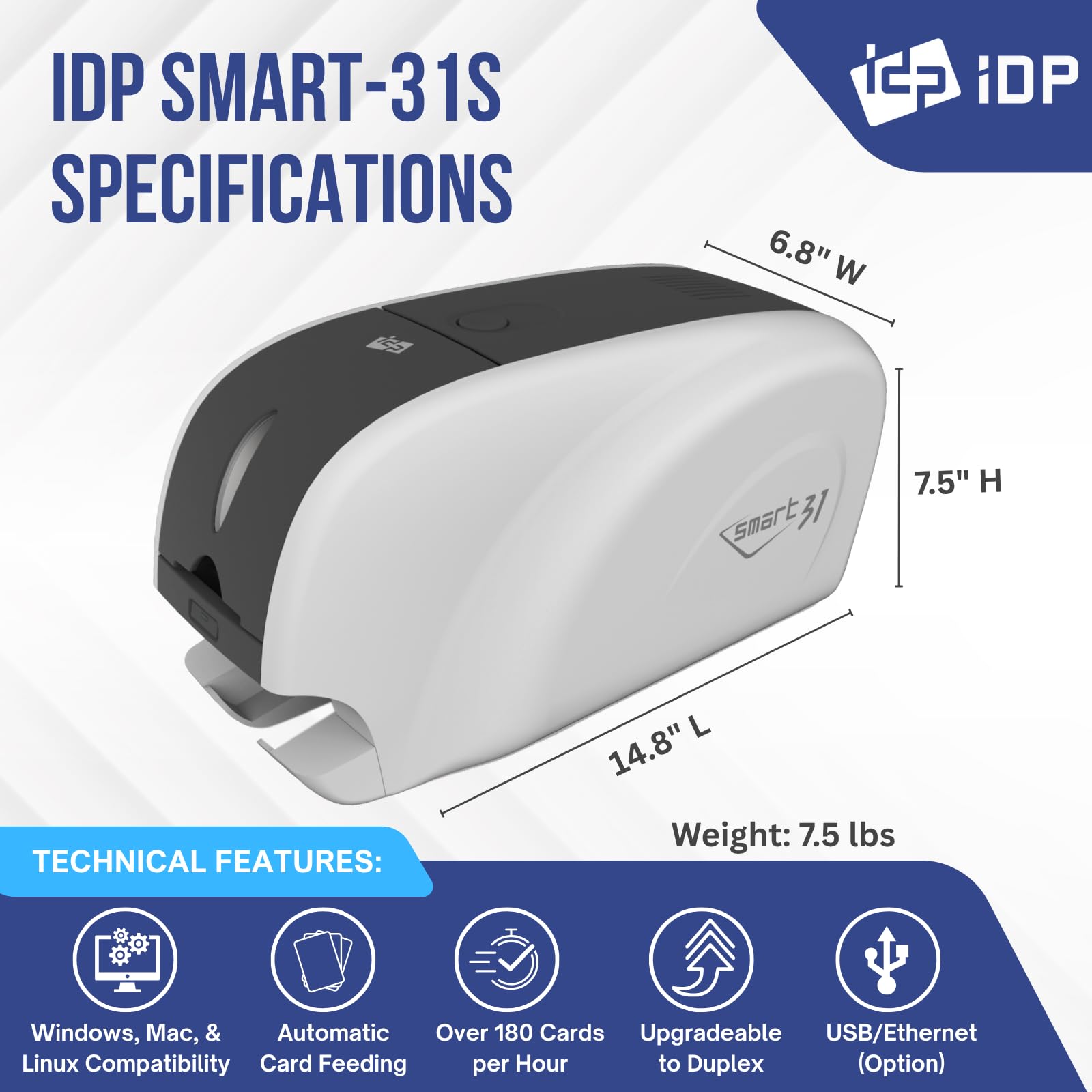 IDP SMART-31S Simple ID Card Printer Bundle with PC Software Only, 250 YMCKO Color Ribbon Prints and 100 PVC Plastic Cards