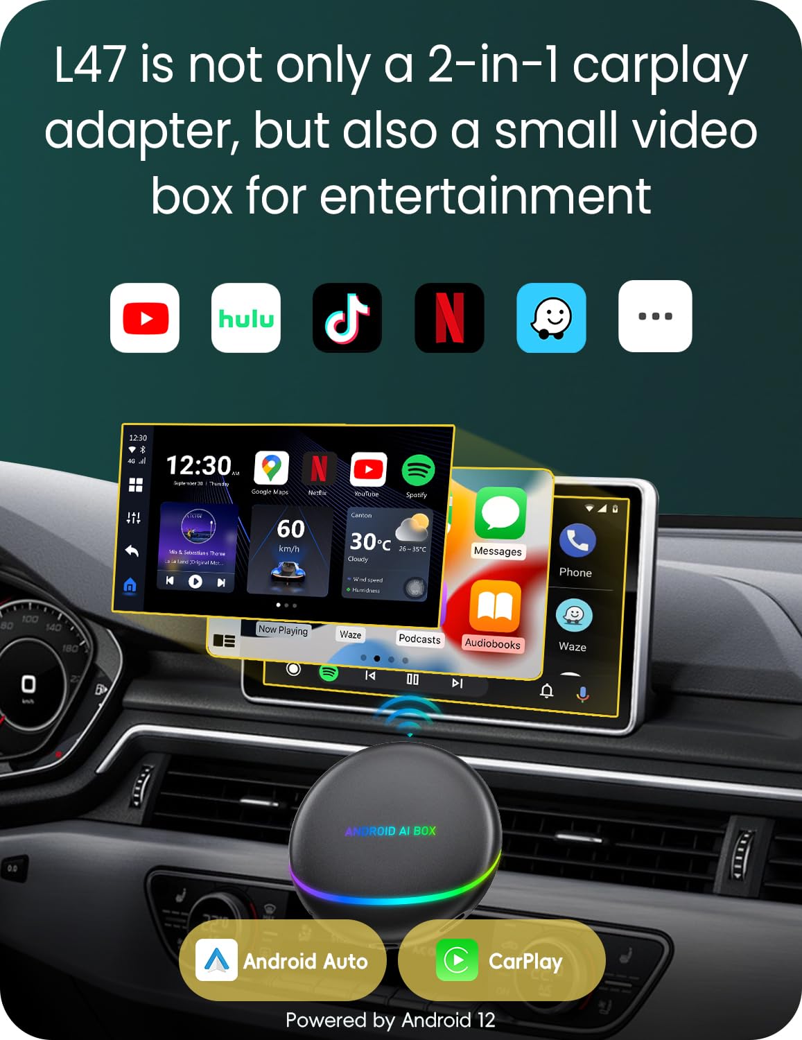 VeloBlast CarPlay Box with Netflix/YouTube/TikTok/Google Play, Android 12.0 CarPlay AI Box for Wired CarPlay Cars (8+128GB) Only for Wired CarPlay Car