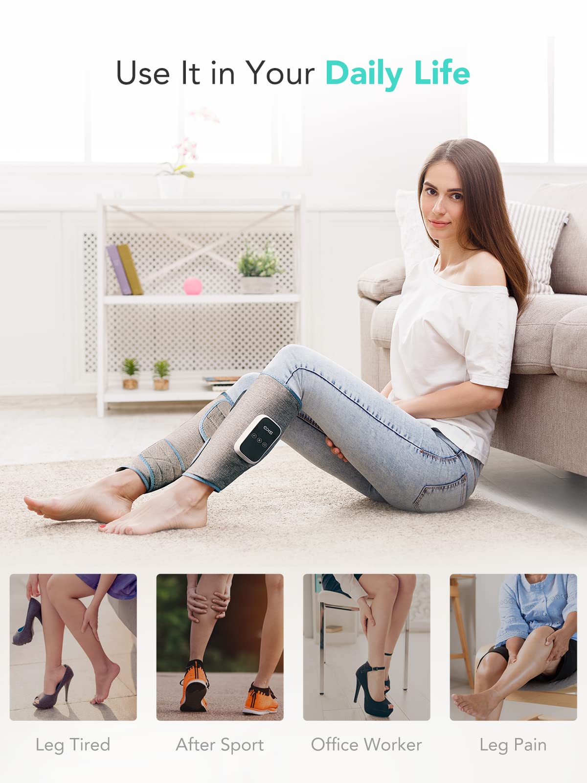SKG Leg Massager with Heat, Cordless Foot and Calf Massager for Circulation, 3 Modes 3 Intensities Portable Leg Massager for Pain Relief Use at Home Office Car Women Men Gifts BM3-E