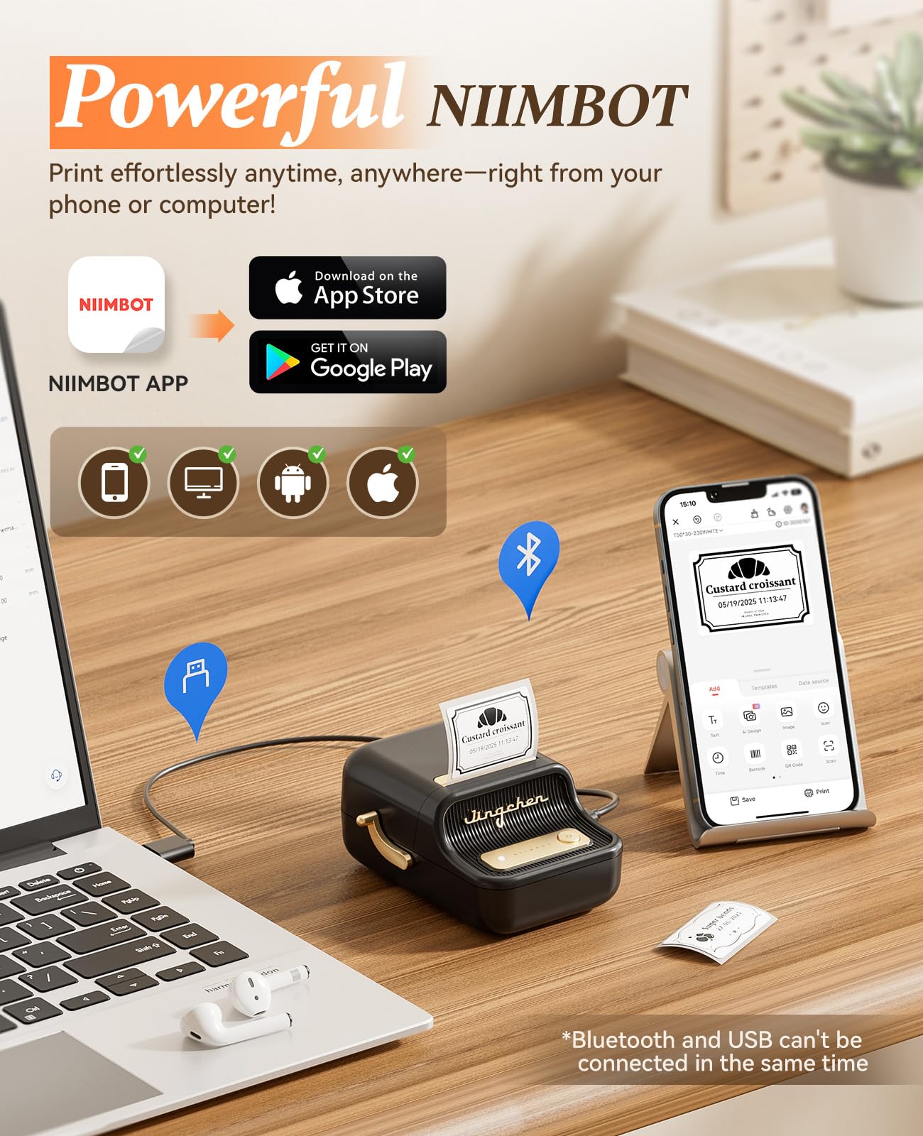 NIIMBOT B21 Portable Thermal Label Maker Inkless, Wireless Bluetooth Label Printer for Clothing, Addresses, Business, Compatible with iOS and Android, with 1 Roll 50x30mm White Labels, Black