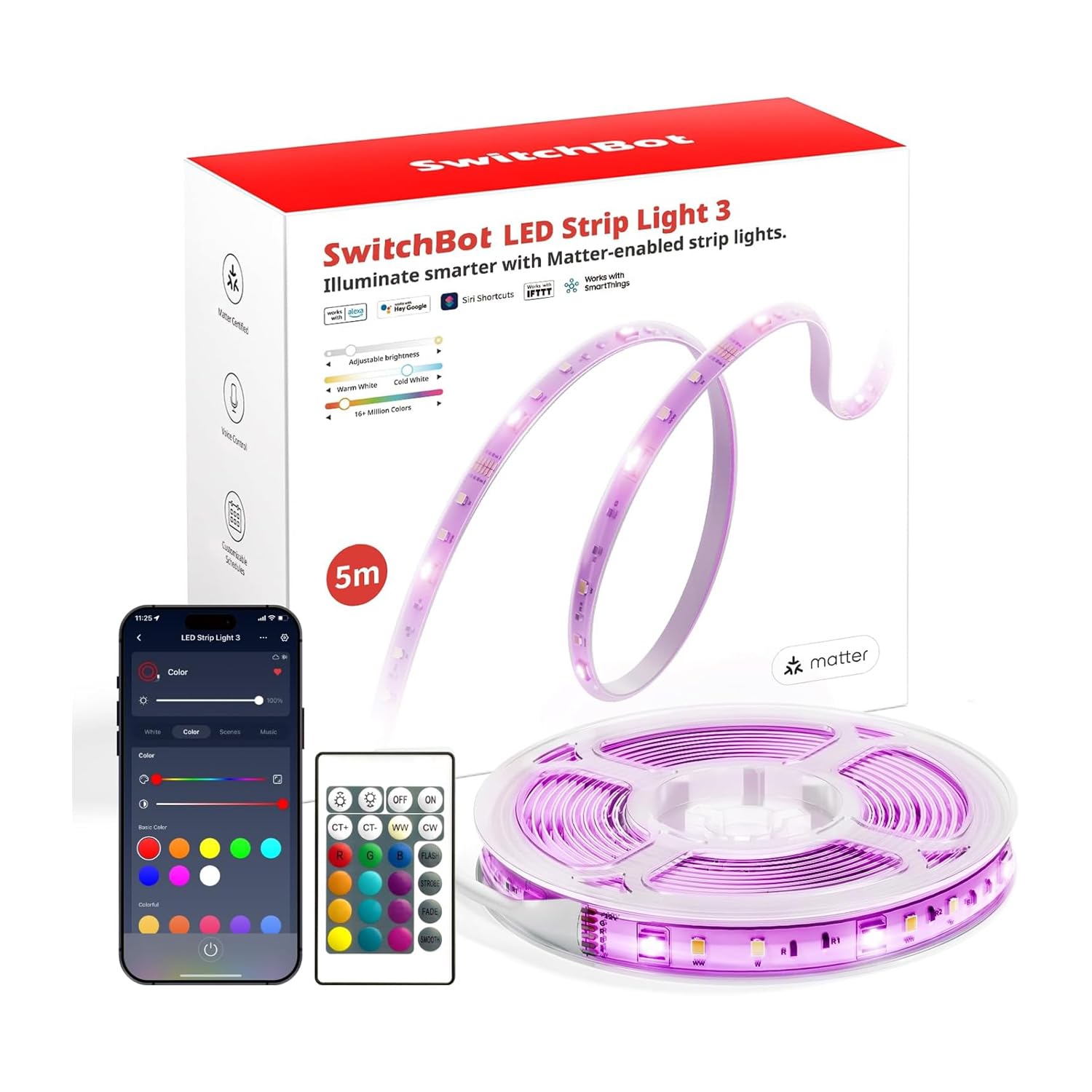 سويتش بوت شريط اضاءة LED بطول 5 متر 3 - اضاءة RGB ذكية + مصابيح LED بيضاء باردة ودافئة، متوافق مع المادة، تحكم بالصوت والتطبيق، يعمل مع ابل هوم واليكسا وجوجل هوم، 16 مليون لون، مزامنة الموسيقى، سطوع
