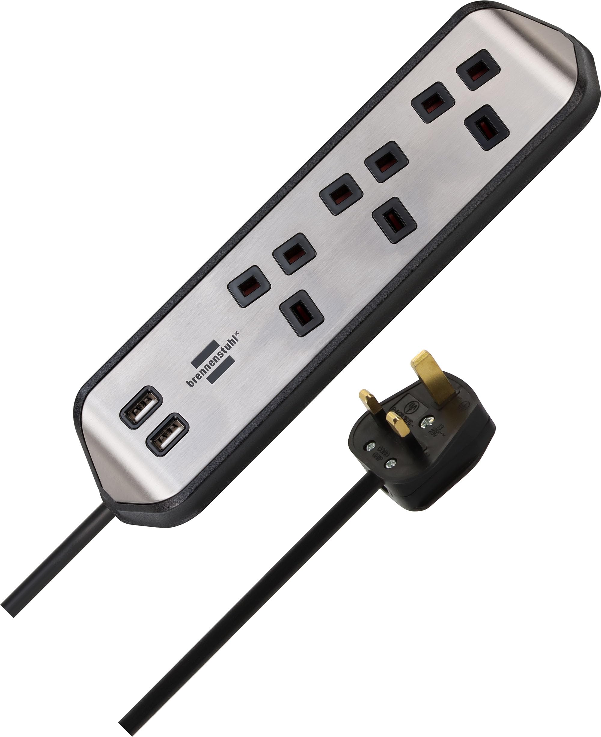 برينينستول مقبس تمديد زاوية ثلاثي الاتجاهات مع مقبس USB A ثنائي الاتجاه وكابل بطول 2 متر، لون اسود