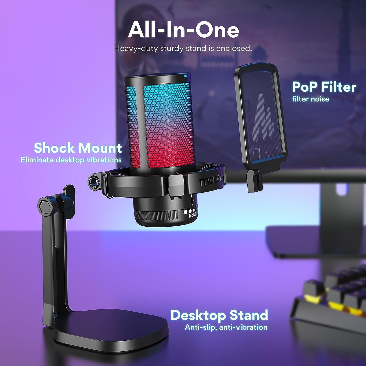 MAONO RGB Condenser Gaming Mic, USB Podcast Microphone with Active Noise Cancellation, Mic Gain, 1-Click Mute, Adjustable RGB Light for YouTube Recording, PC, Laptop (DGM20-Black)