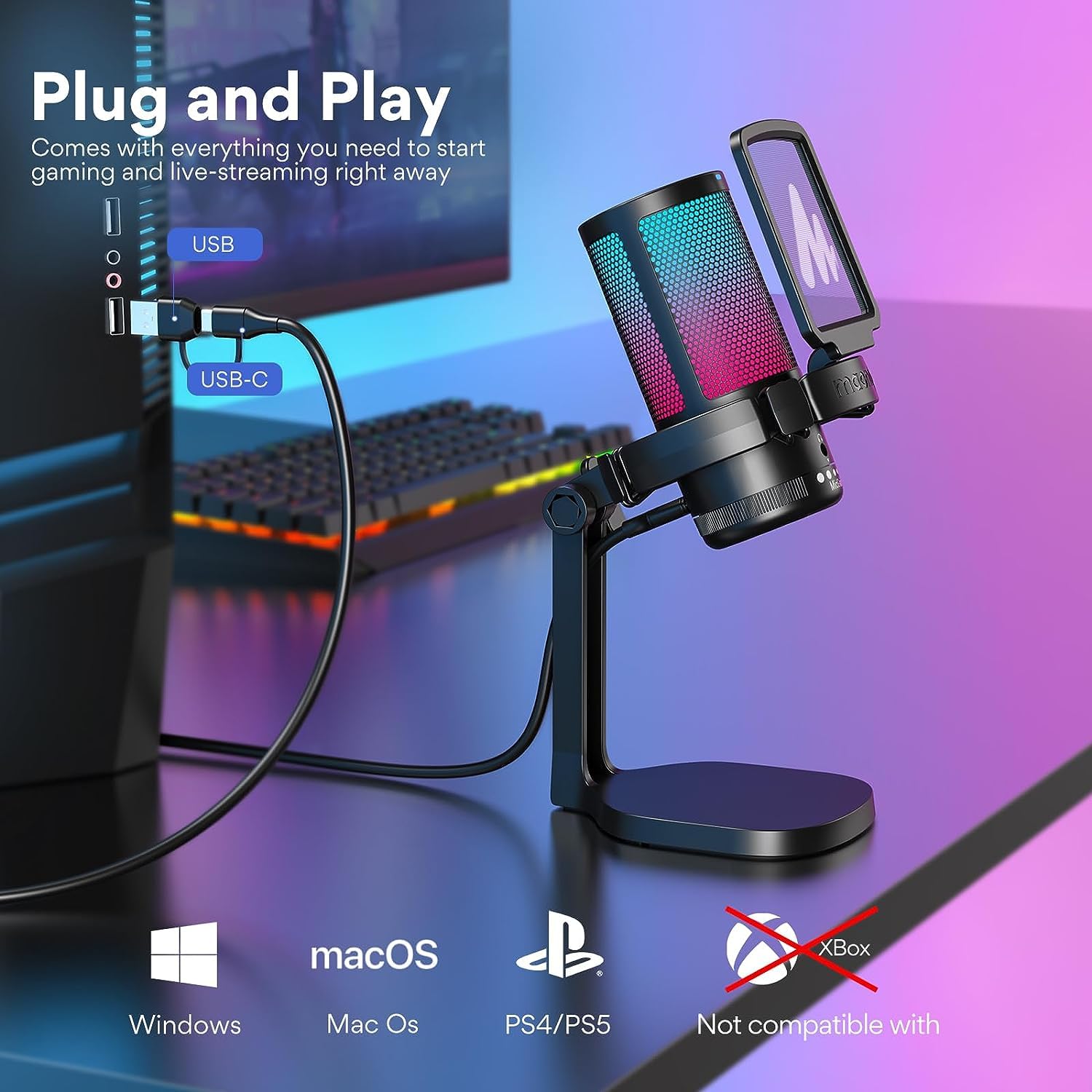 MAONO RGB Condenser Gaming Mic, USB Podcast Microphone with Active Noise Cancellation, Mic Gain, 1-Click Mute, Adjustable RGB Light for YouTube Recording, PC, Laptop (DGM20-Black)