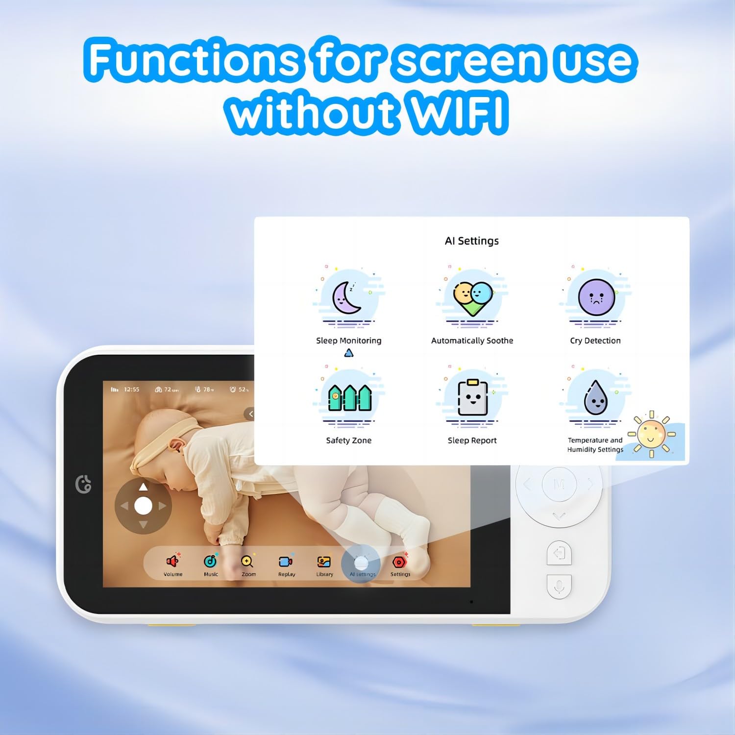 Ellie Baby Video Monitor with Camera and Audio, Covered Face Alert, Sleep Analysis, Soothing Lullaby, Wi-Fi or No Wifi, Thermal Humidity, 2K UHD Split Screen, 720p Screen of 5