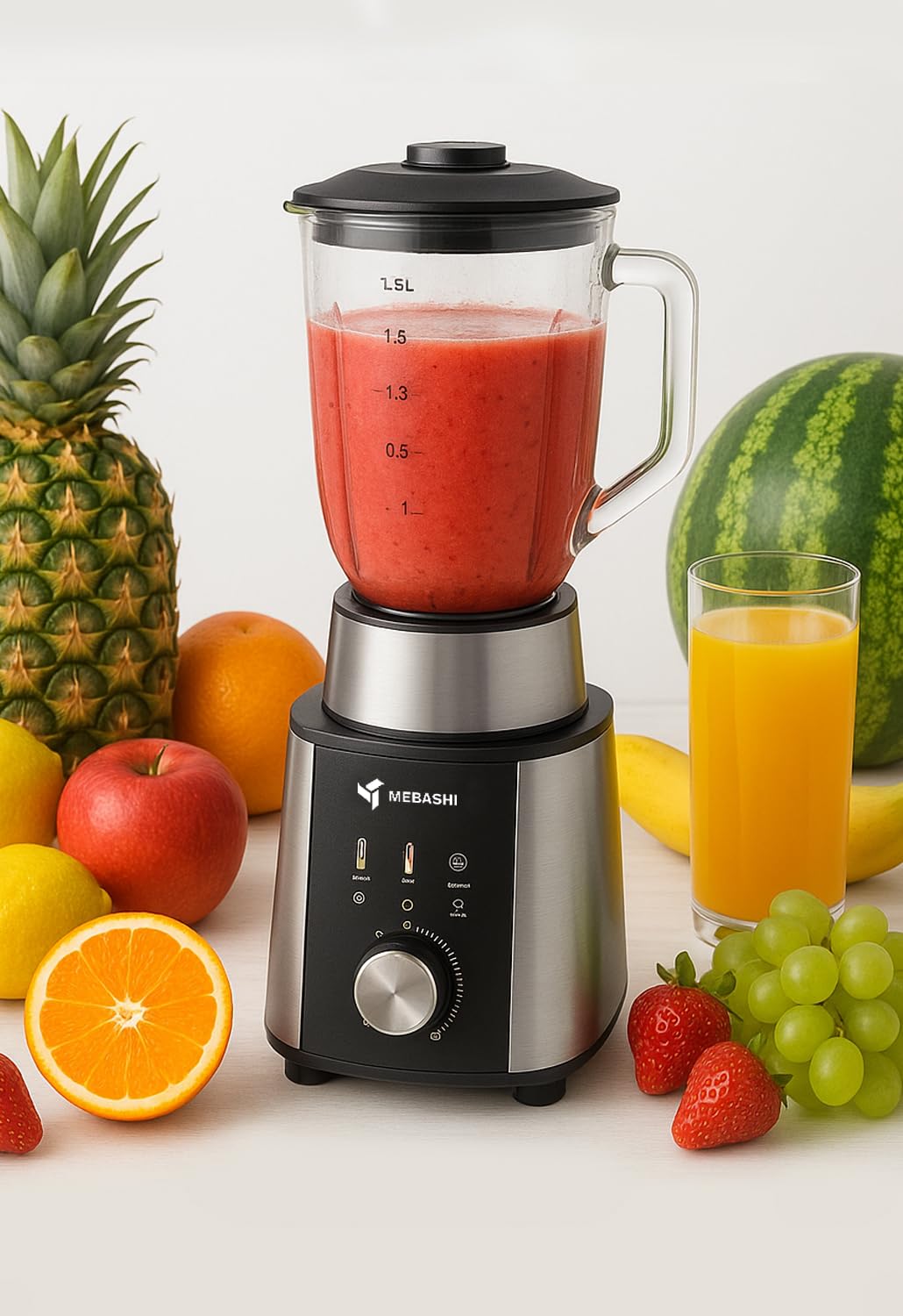 MEBASHI 2-in-1 Blender, 1.5 L, 1200 W, Black Steel, Glass Jar (ME-BL2000)