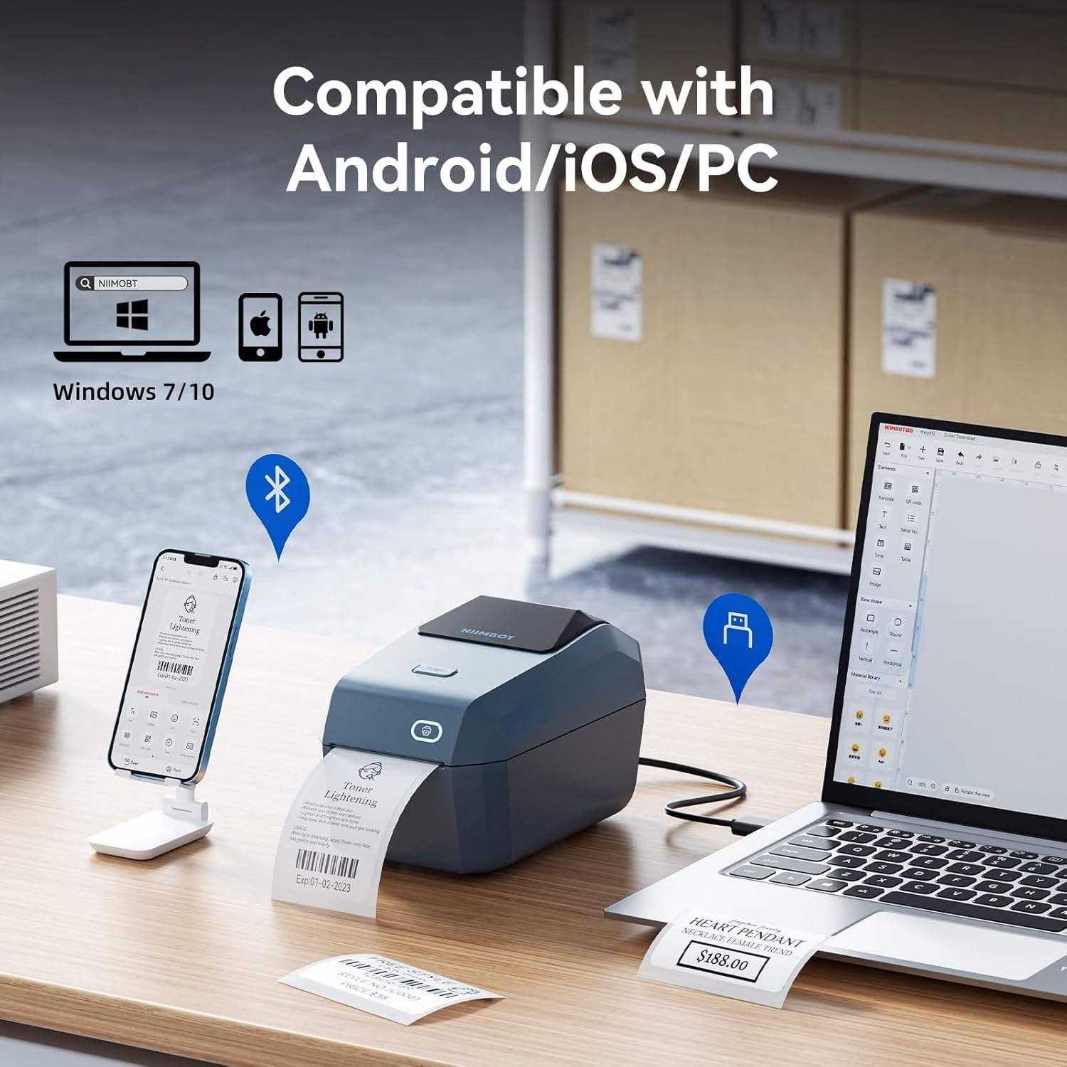 K3 Label Printer, 3 Inch Label Maker with High-Speed, Bluetooth and USB Connection, Support Smartphone & PC, Thermal Label Maker for Small Business and Home Office