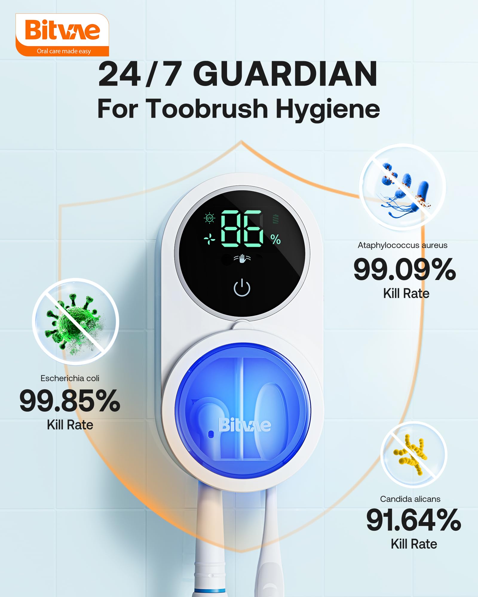 Bitvae Toothbrush Holder,Toothbrush Cleaner for Bathroom,LED Smart Screen,Cleaning and Air Drying,Automatic Rotating Cover Wall Mounted Smart Tooth Brush Holder,White