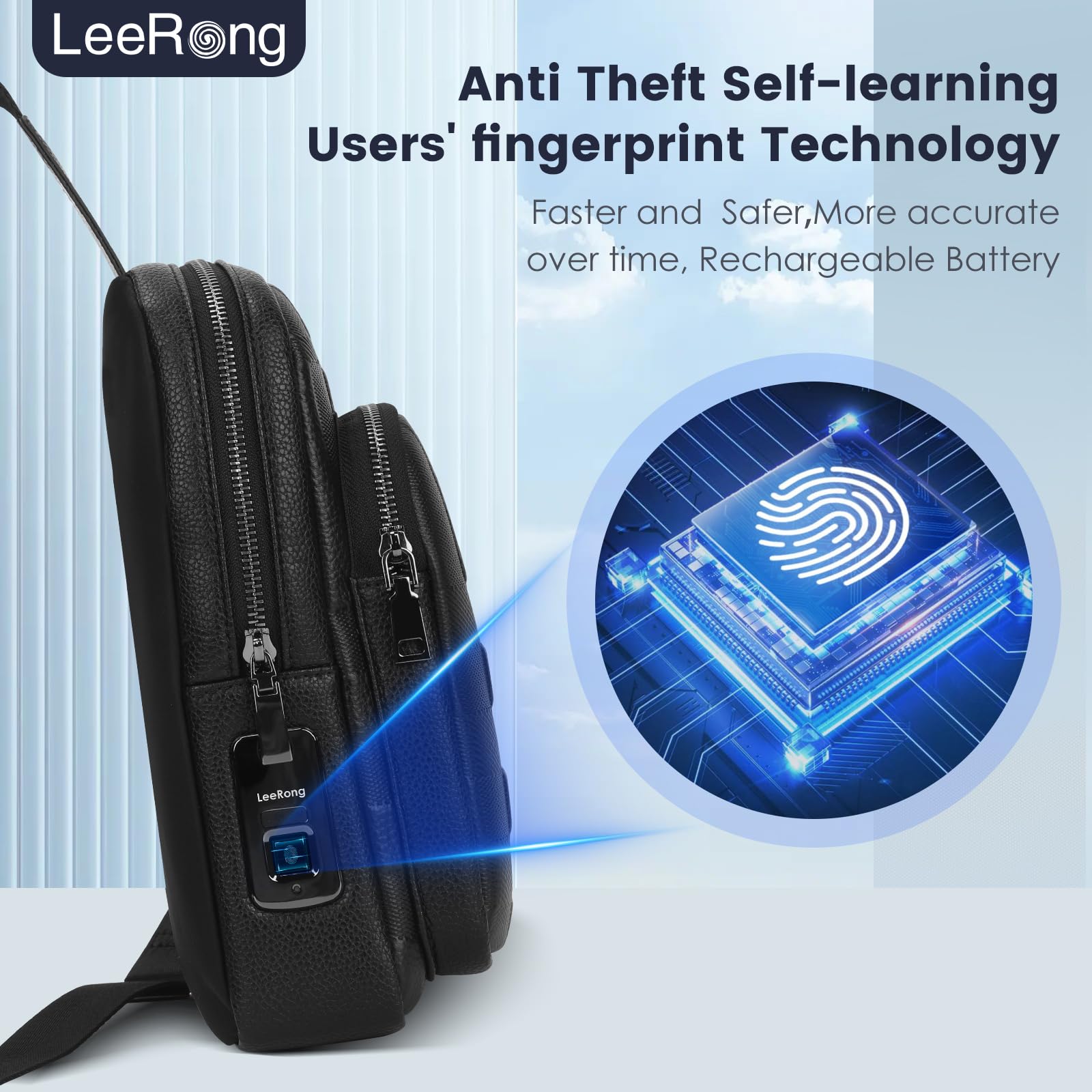 Anti-Theft Fingerprint Crossbody Bag for Men by LeeRong, Waterproof Genuine Leather Crossbody Bag, Large Waterproof Multi-Pocket Shoulder Bag for Men in Black