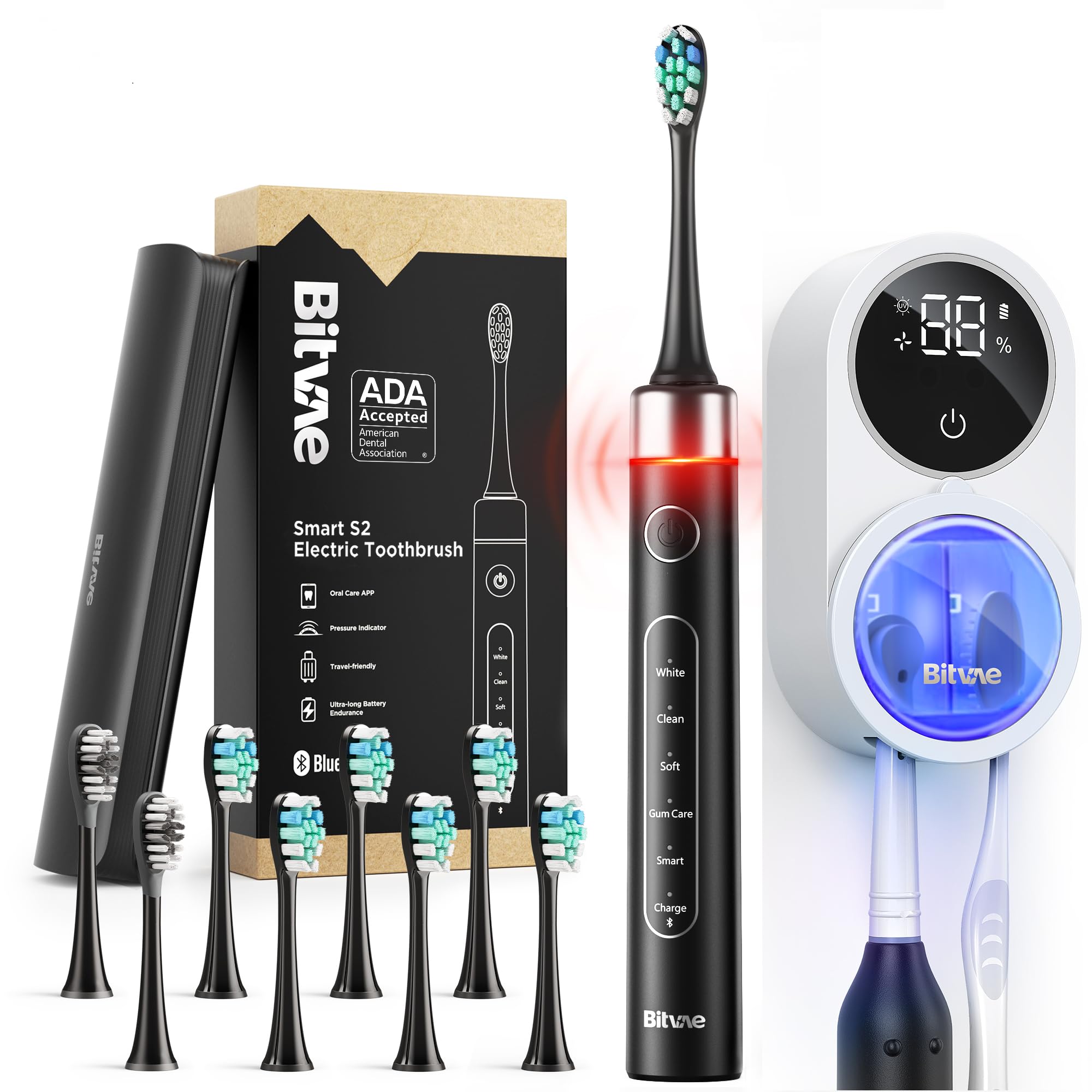 Bitvae Bluetooth Electric Toothbrush with Pressure Sensor, ADA Accepted, Ultrasonic 8 Brush Heads, 5 Modes, 4 Hr Charge Last 100 Days, Power Rechargeable Toothbrush, Soft Bristle, Black (BVUS-S2-B)