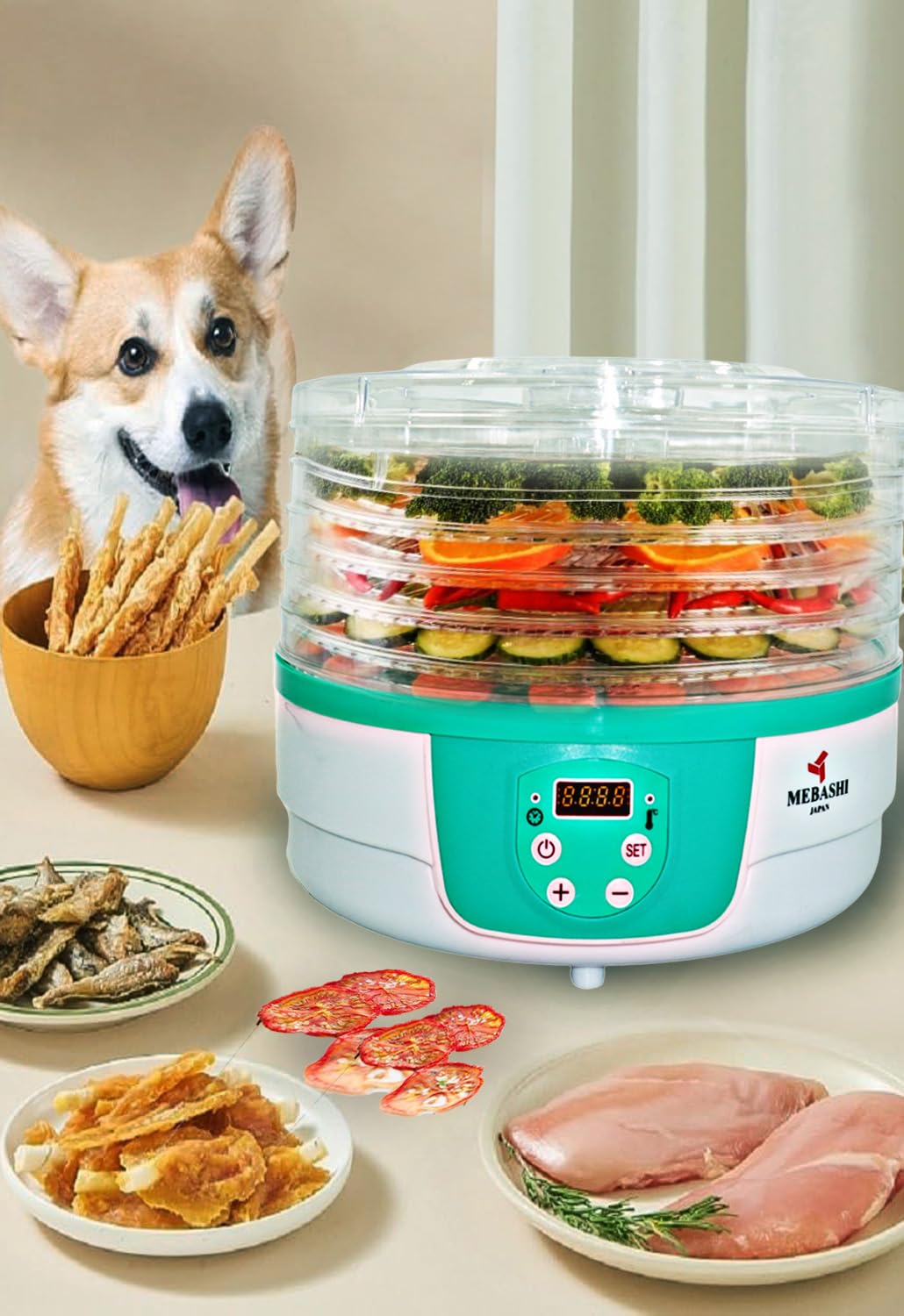 MEBASHI ME-FOD8202P Food Dehydrator, Rotatable, 5 Trays,(250W) Green (ME-FOD8202P)