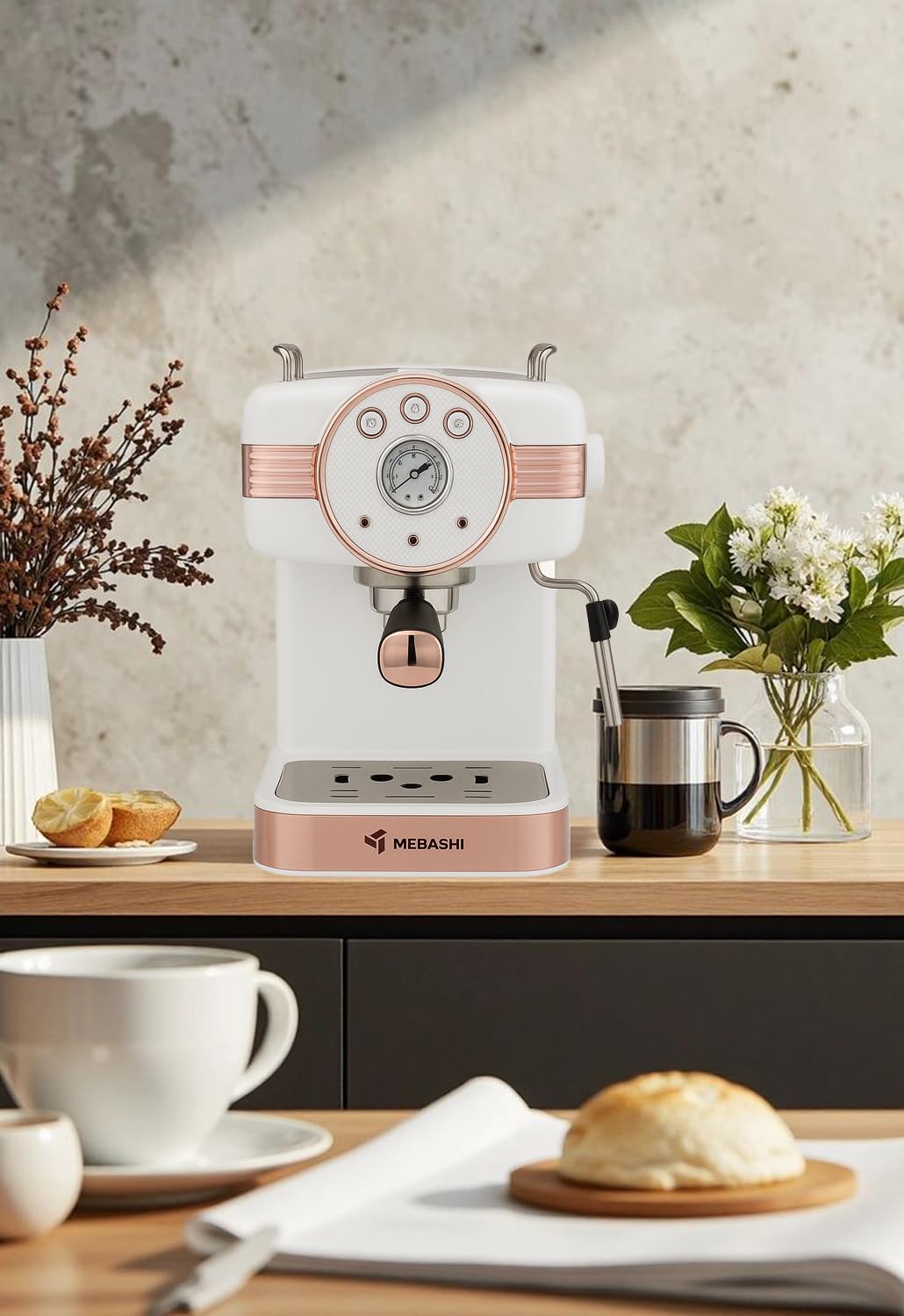 Mebashi 1.5L Espresso Coffee Machine, 20 Bar Pressure Pump, Detachable Water Tank (E-ECM2046) (White)|1100W