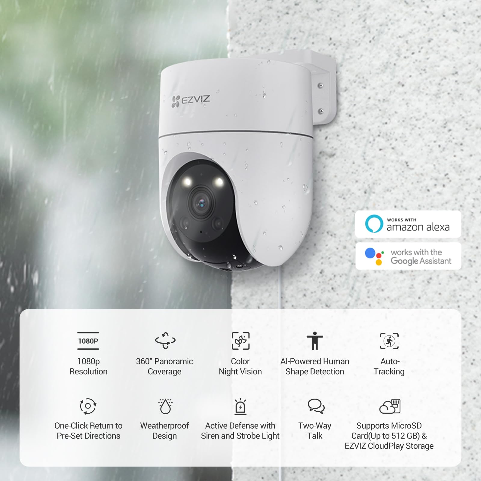 EZVIZ كاميرا مراقبة خارجية 360 درجة مع تتبع تلقائي، كاميرا مراقبة منزلية واي فاي، تقنية كشف الانسان/الحركة، رؤية ليلية ملونة، مكالمات ثنائية الاتجاه، مقاومة للماء، اليكسا/جوجل