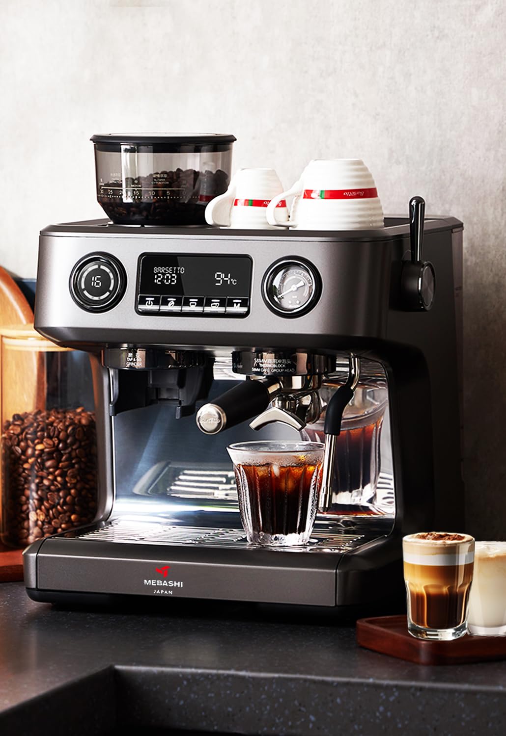 MEBASHI Espresso Coffee Machine with Coffee Grinder, 20 Bar Pressure Pump, LCD Screen, 8 Display Modules (ME-CCM2058) (Black)|3000W