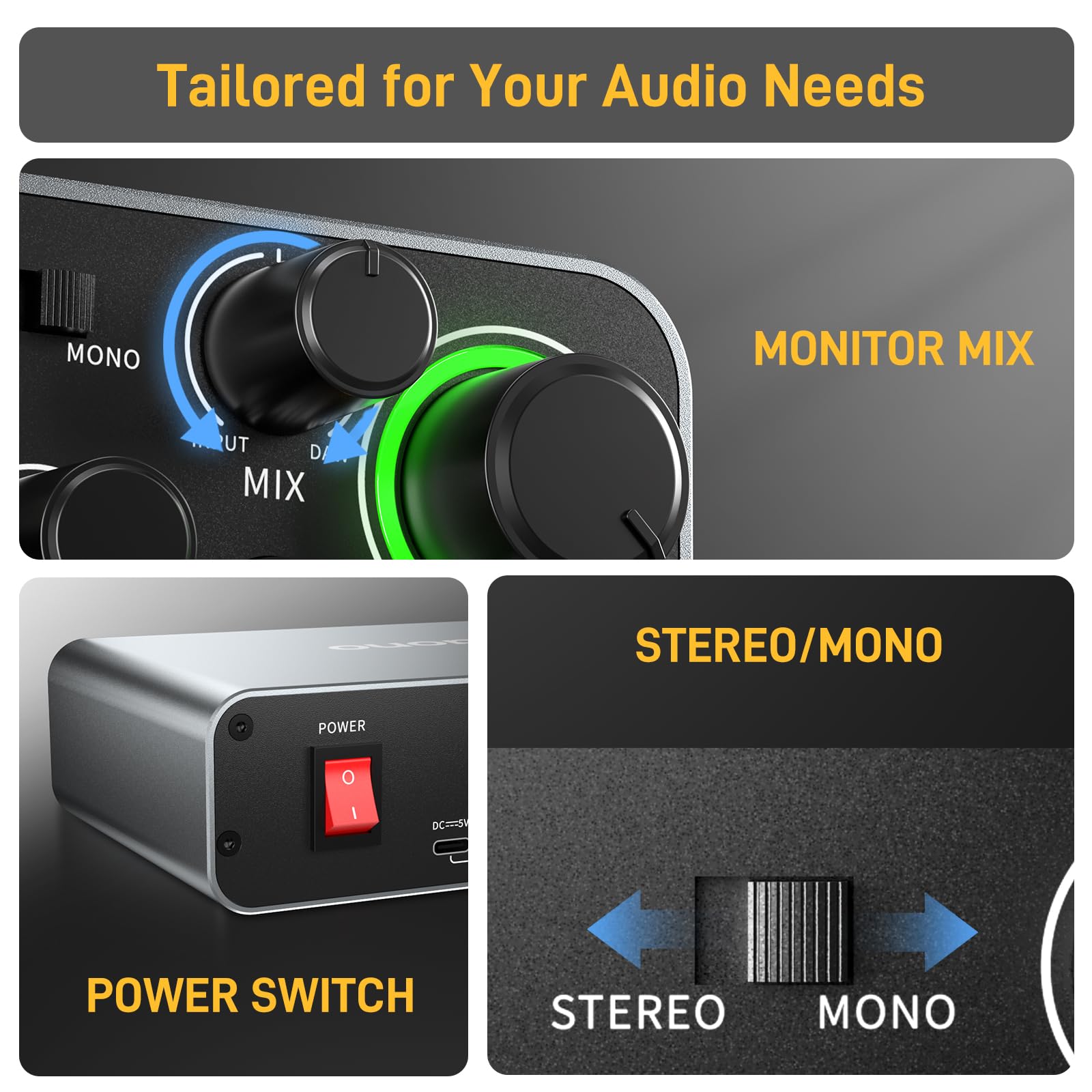 MAONO USB Audio interface for PC with 60 dB Pro-preamp, 24bit/192kHz, Dual USB interface for PC&Smartphone, Routing Software for Home Recording, Music Production, Guitar, Podcast, Streaming(PS22)