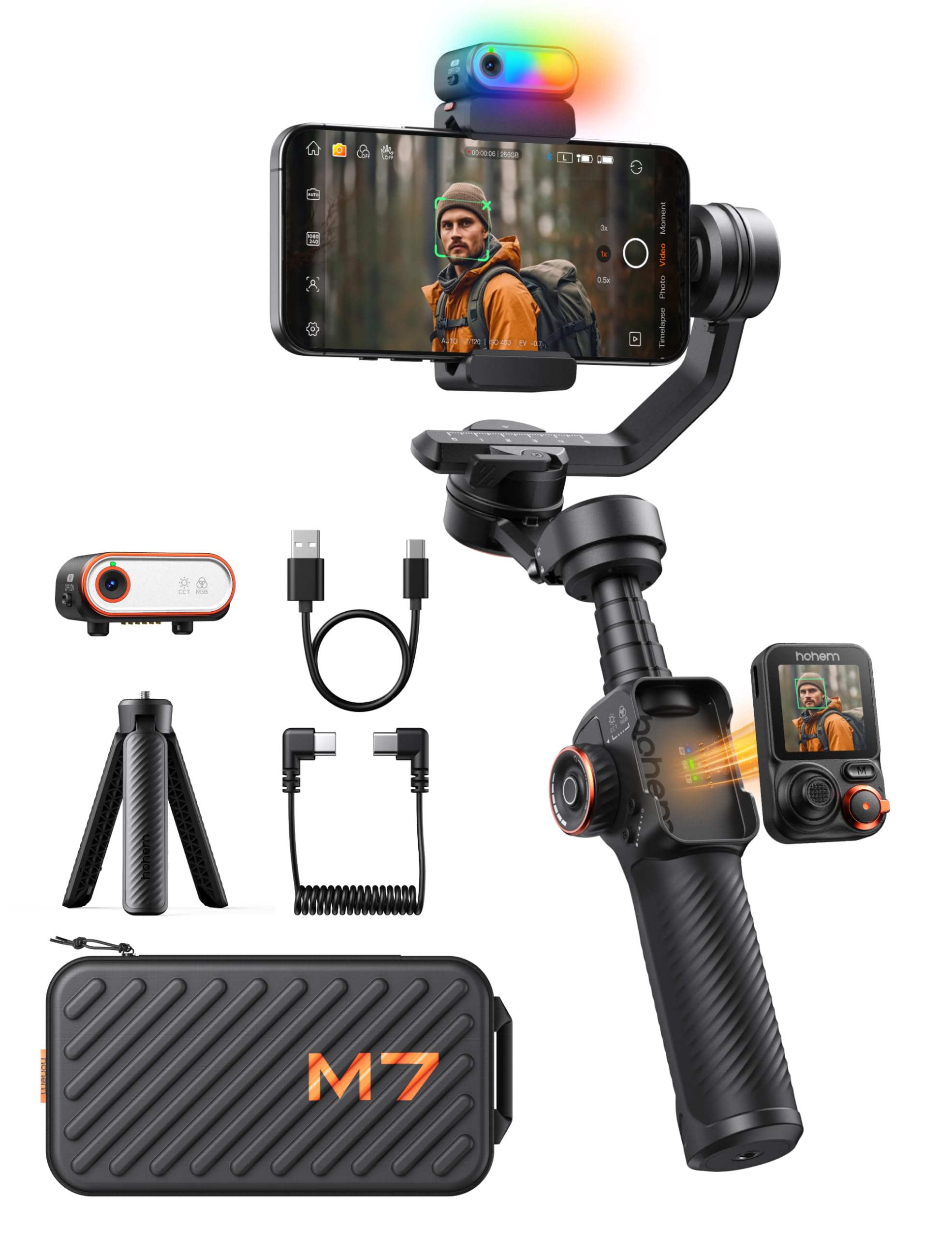 Hohem M7 Smartphone Gimbal Stabilizer with AI Tracking Sensor, Fill Light, Detachable Remote Control with 1.4 Inch Touch Screen, Built-in Extension Rod, 3-Axis Gimbal for iPhone and Android