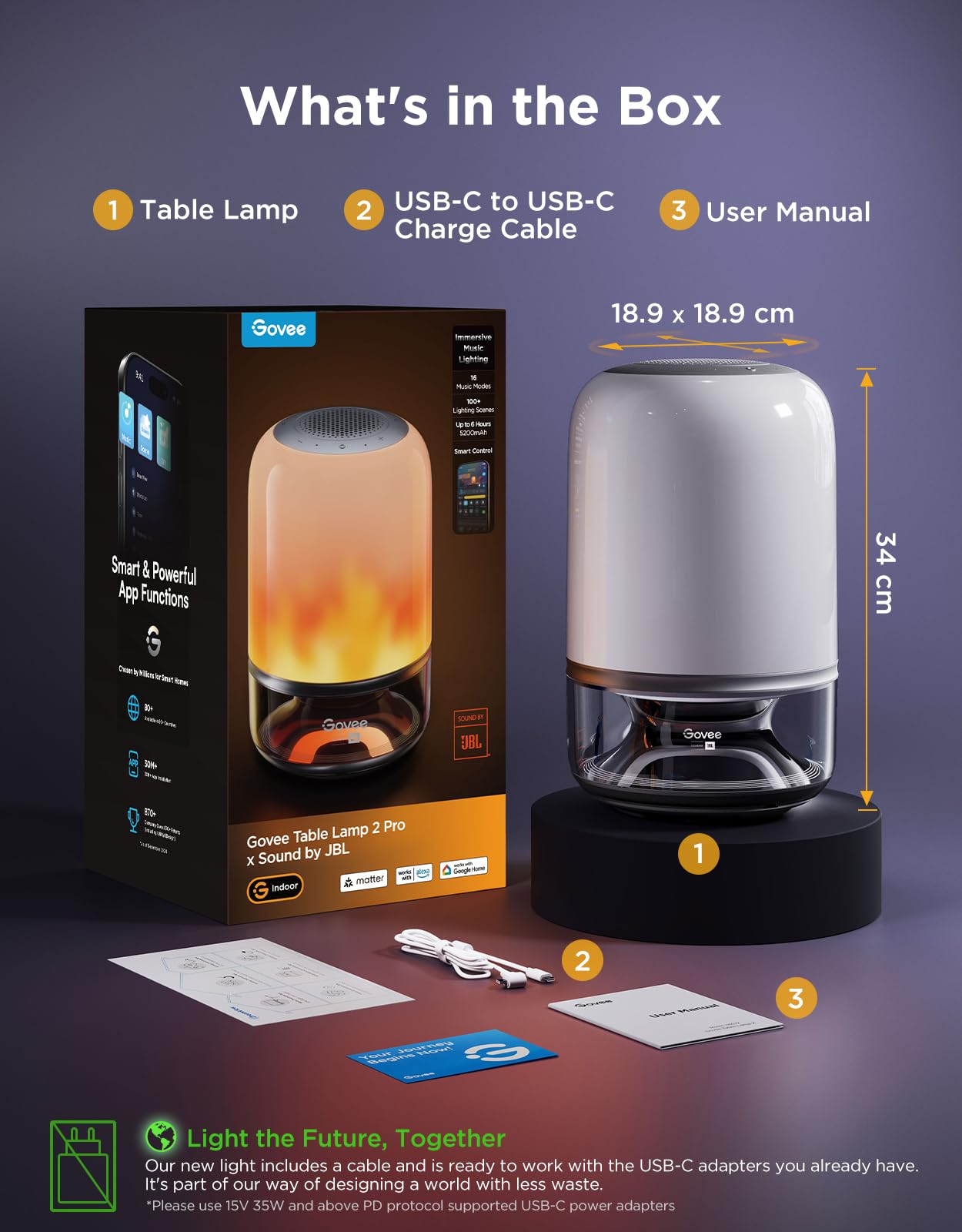 Govee Table Lamp 2 Pro x Sound by JBL(No Adapter), Bedside Table Lamp with Bluetooth Speaker, Music-Light Sync, 16 Music Modes & 100+ Scene Modes, Work with Alexa & Matter, Rechargeable Night Light