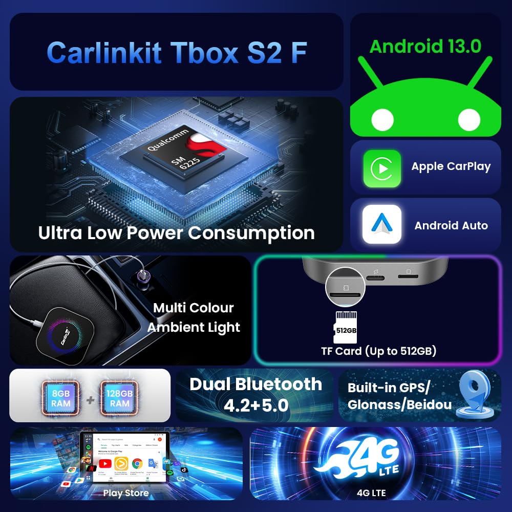 كارلين نت تي بوكس اس (الجيل الجديد)، شريحة كوالكوم 6225 مع 8+128GB، شبكة اتصال خلوية، 4G، شريحة اتصال/تي اف، جوجل بلاي، مناسبة فقط للسيارات السلكية في المصنع/ايه ايه، اندرويد 13 ايه اي بوكس اصدار فائق