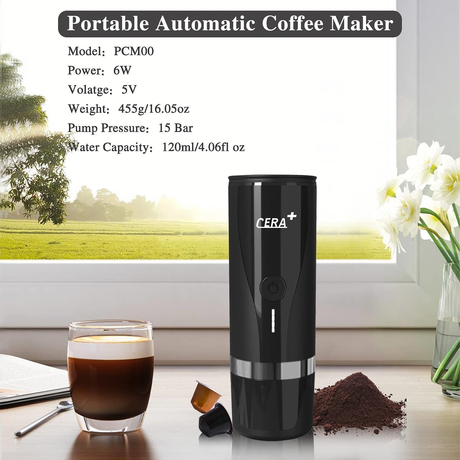 CERA+ Portable Coffee Maker for Travel Espresso Maker 15 Bar Pressure Automatic Coffee Machine Mini Espresso Machine Compatible Capsules Ground Coffee Makers for Home Office USB Coffee Maker(PCM00)