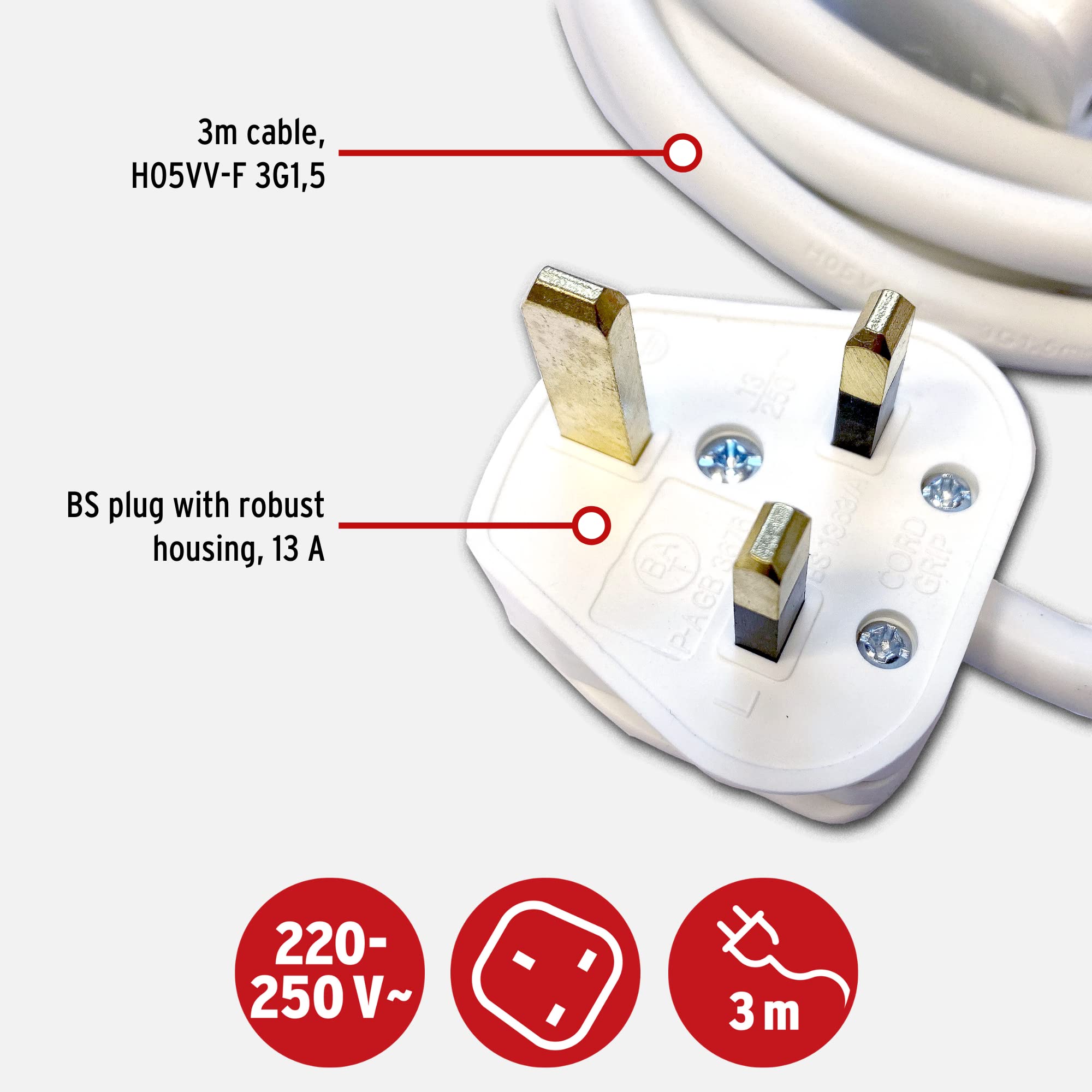 Brennenstuhl 13 Amp Extension Cable with BS Socket, 2 Meter, White, 1166553015