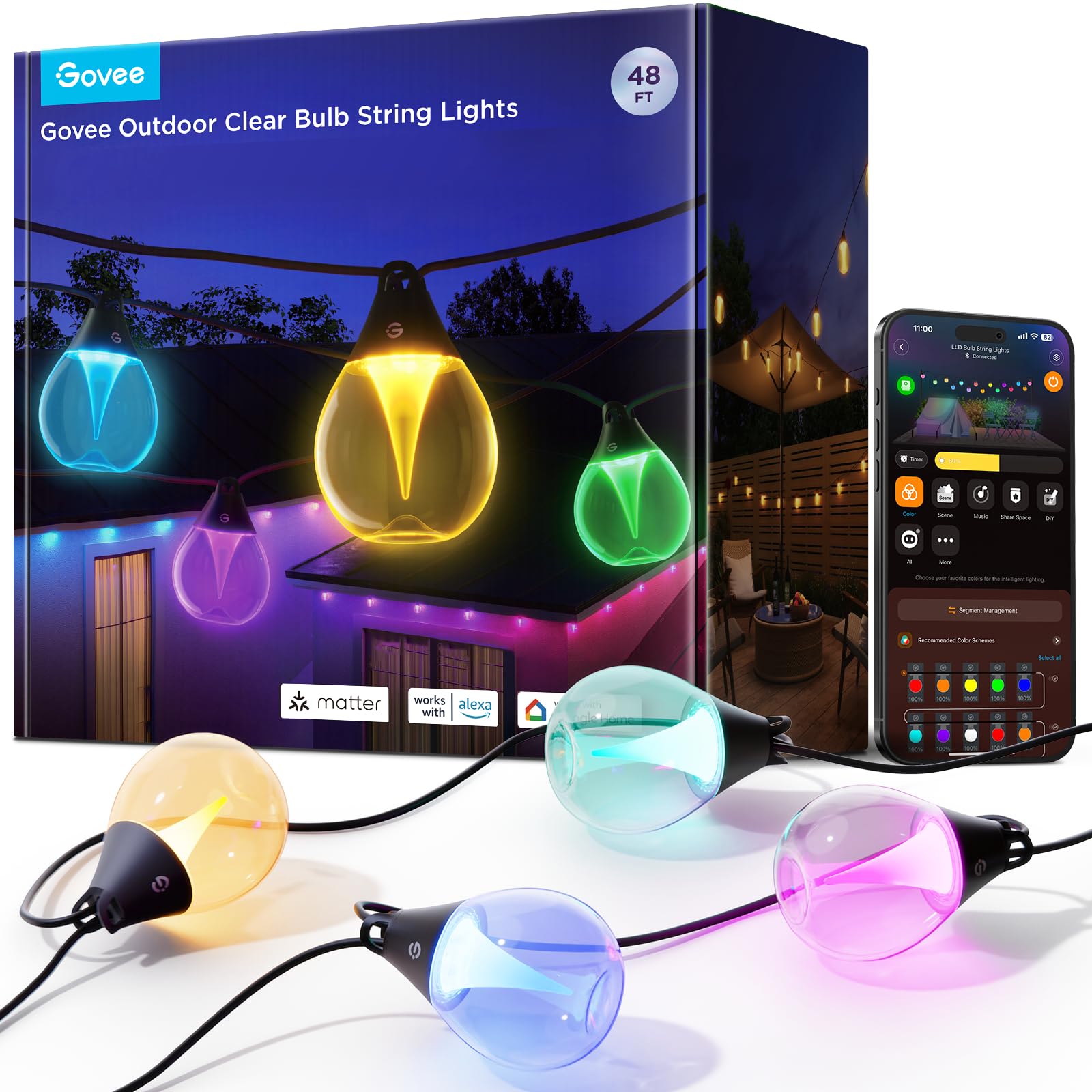 Govee Outdoor Dimmable String Lights 15m RGBWIC with 16 Million Colors and 111 Scene Modes, 80 Lumens per LED, 25000 Hour Lifespan, Works with Alexa and Google Assistant