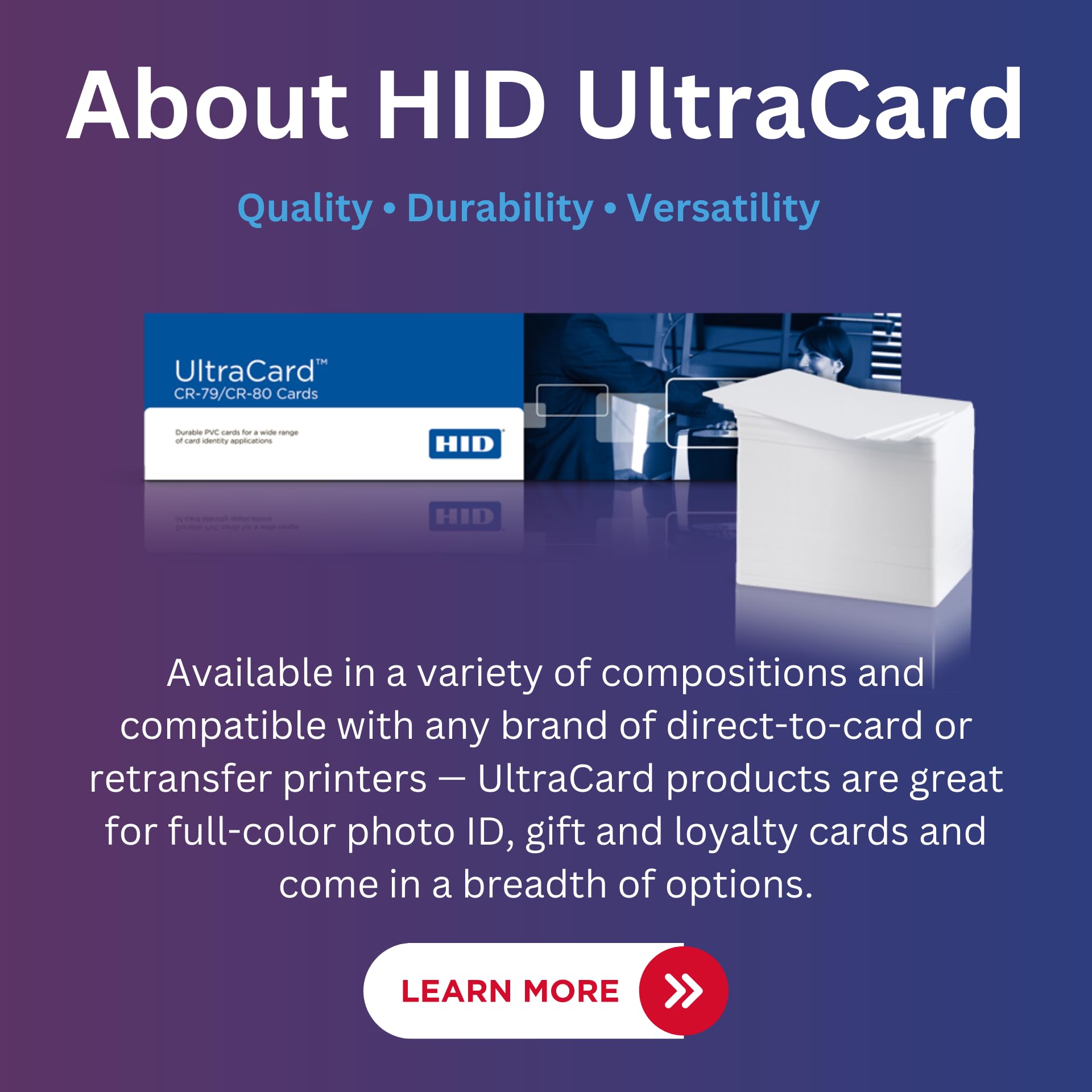 2ID - HID UltraCard x500 Blank PVC Cards | Compatible with Any Direct-to-Card Printer | 100% PVC | Ideal for Full-Color ID Cards, Gift Cards and Loyalty Cards