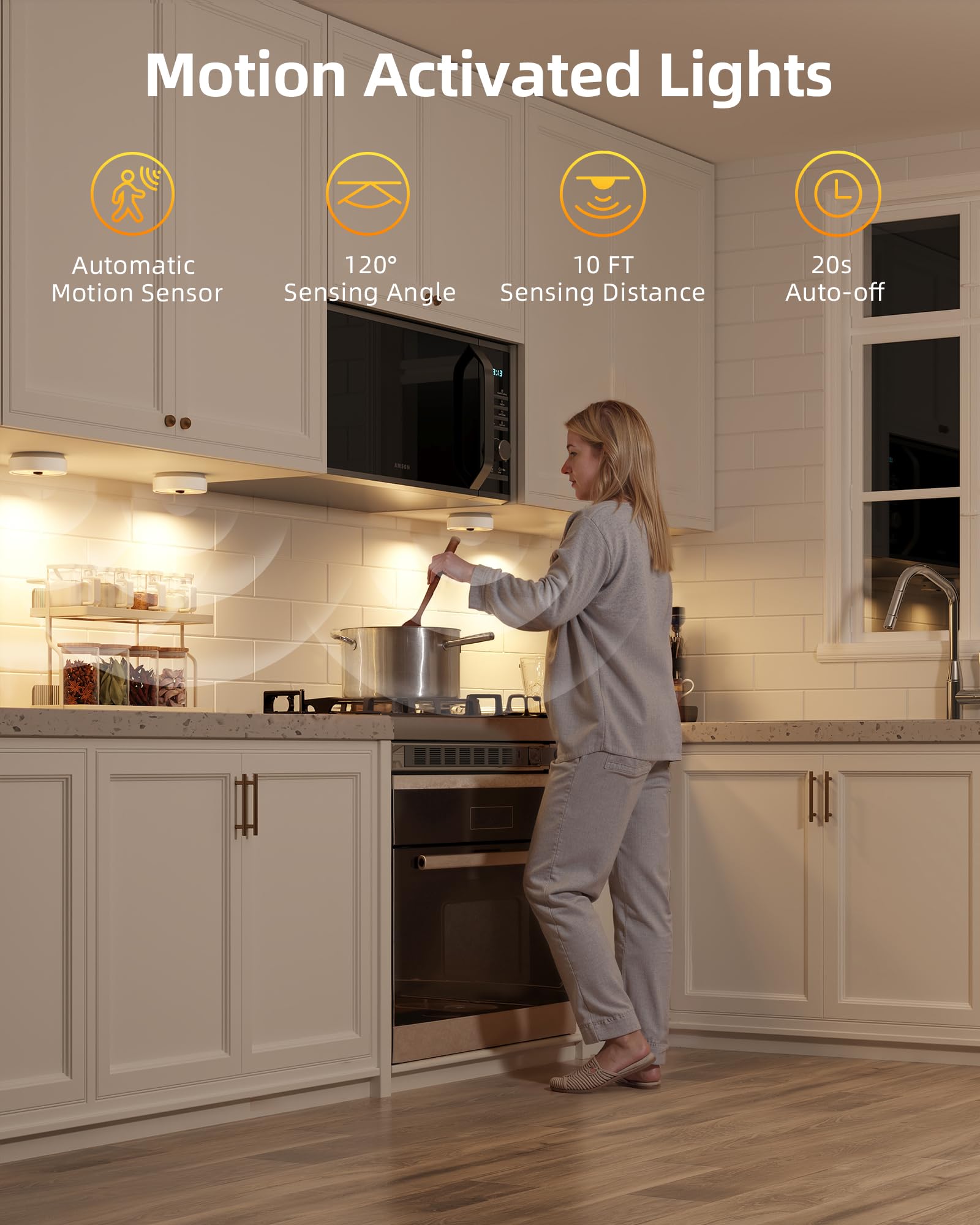 EZVALO Under Cabinet Lights, 2 Color Motion Sensor Lights, 1200mAh Rechargeable Puck Lights for Group Control, Dimmable LED Under Counter Lights for Kitchen and Cabinet (3 Pack)