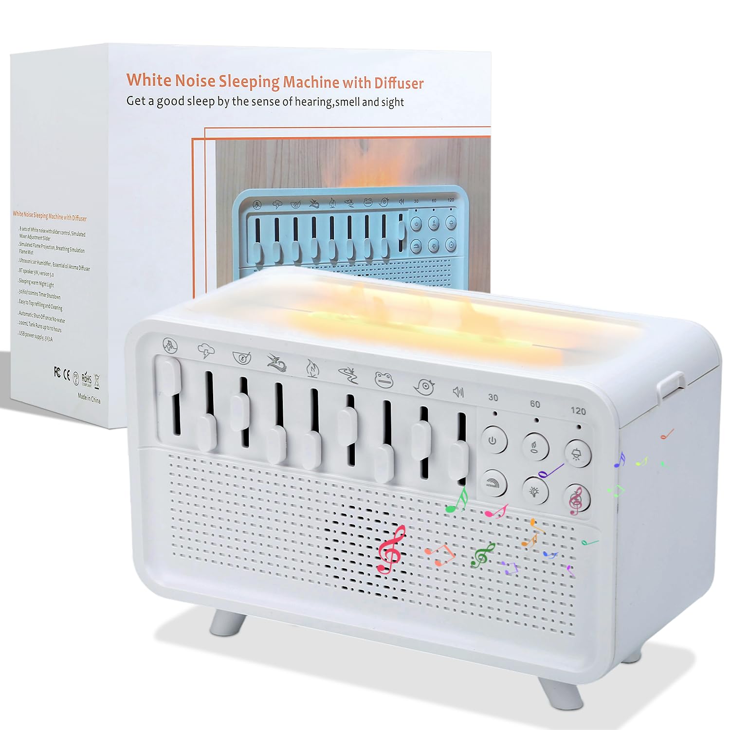 White Noise Air Humidifier with Night Light, 3-in-1 White Noise Sound Machine and Humidifier with 8 Ambient Sounds, USB Powered Diffuser Sound Box, Sleep Sound Machine for Home and Office, Timer