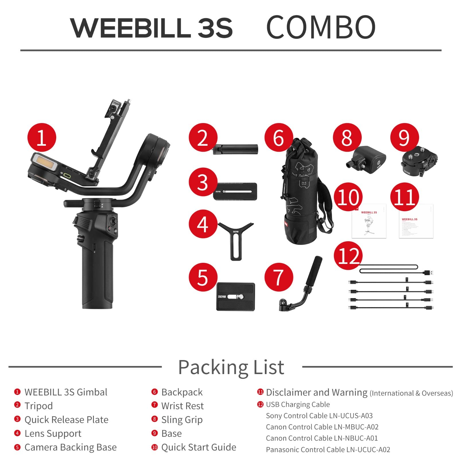 Zhiyun Weebill 3S Combo Set, Professional Video Stabilizer, 3-Axis Gimbal with Storage Bag, Wrist Rest, Extendable Sling Grip for DSLR and Mirrorless Cameras for Canon/Sony/Panasonic/Nikon/Fuji