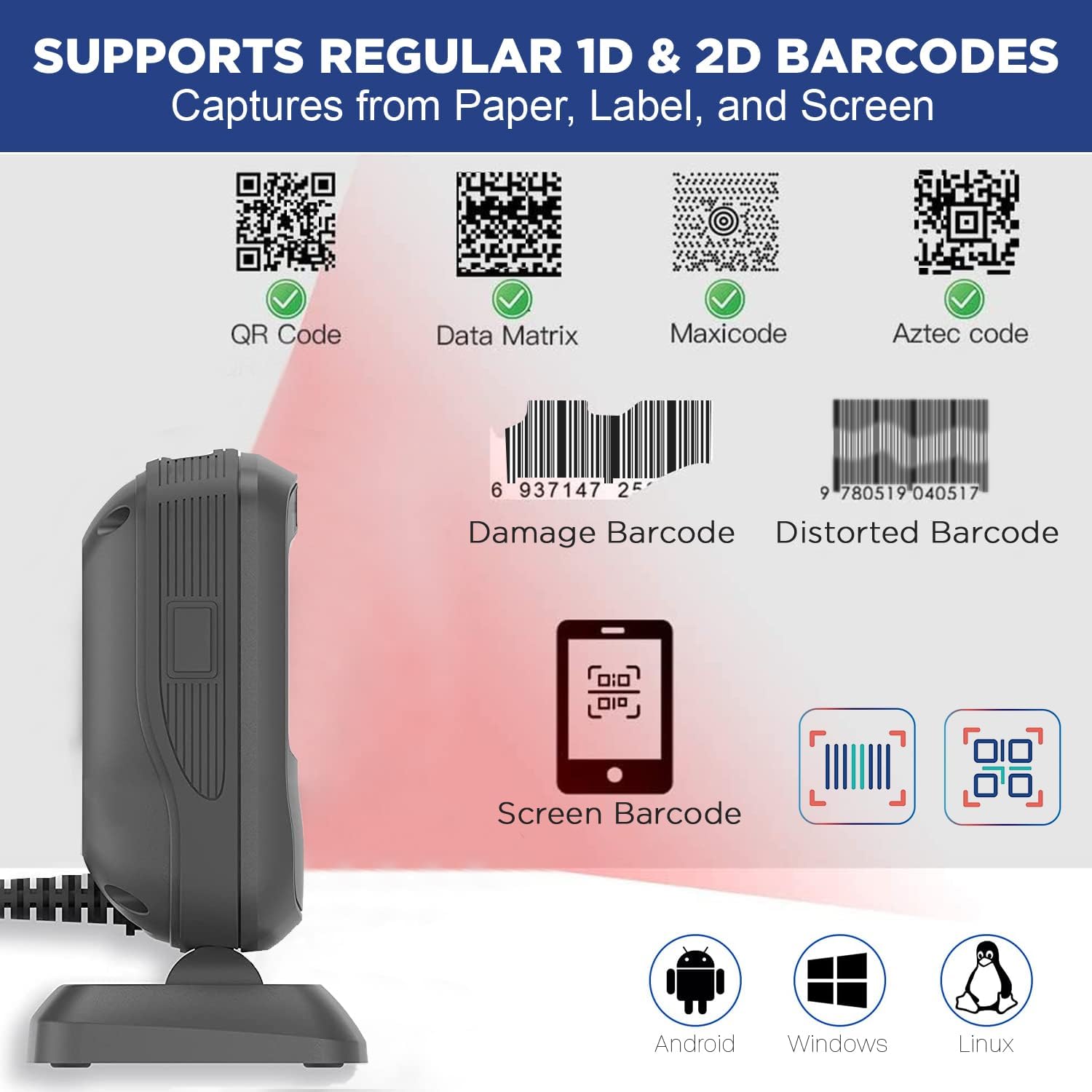 ماسح ضوئي لسطح المكتب FR4080 من نيولاند | ماسح باركود سلكي 1D/2D | قارئ رموز QR بدون استخدام اليدين بمنفذ USB ومنصة مسح متعددة الاتجاهات مع تصنيف IP52 لمقاومة المياه والغبار للسوبر ماركت ومتاجر البيع