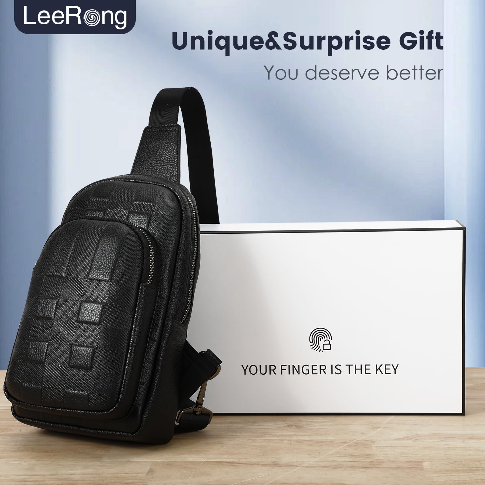 Anti-Theft Fingerprint Crossbody Bag for Men by LeeRong, Waterproof Genuine Leather Crossbody Bag, Large Waterproof Multi-Pocket Shoulder Bag for Men in Black
