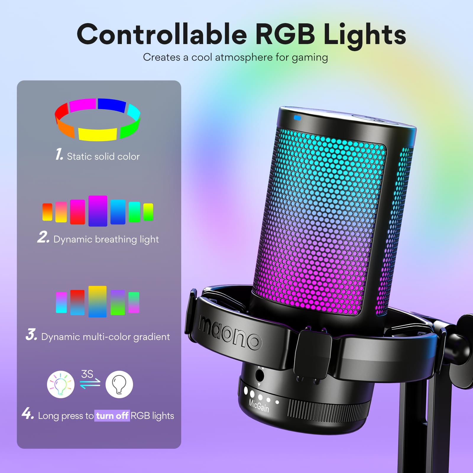 MAONO RGB Condenser Gaming Mic, USB Podcast Microphone with Active Noise Cancellation, Mic Gain, 1-Click Mute, Adjustable RGB Light for YouTube Recording, PC, Laptop (DGM20-Black)