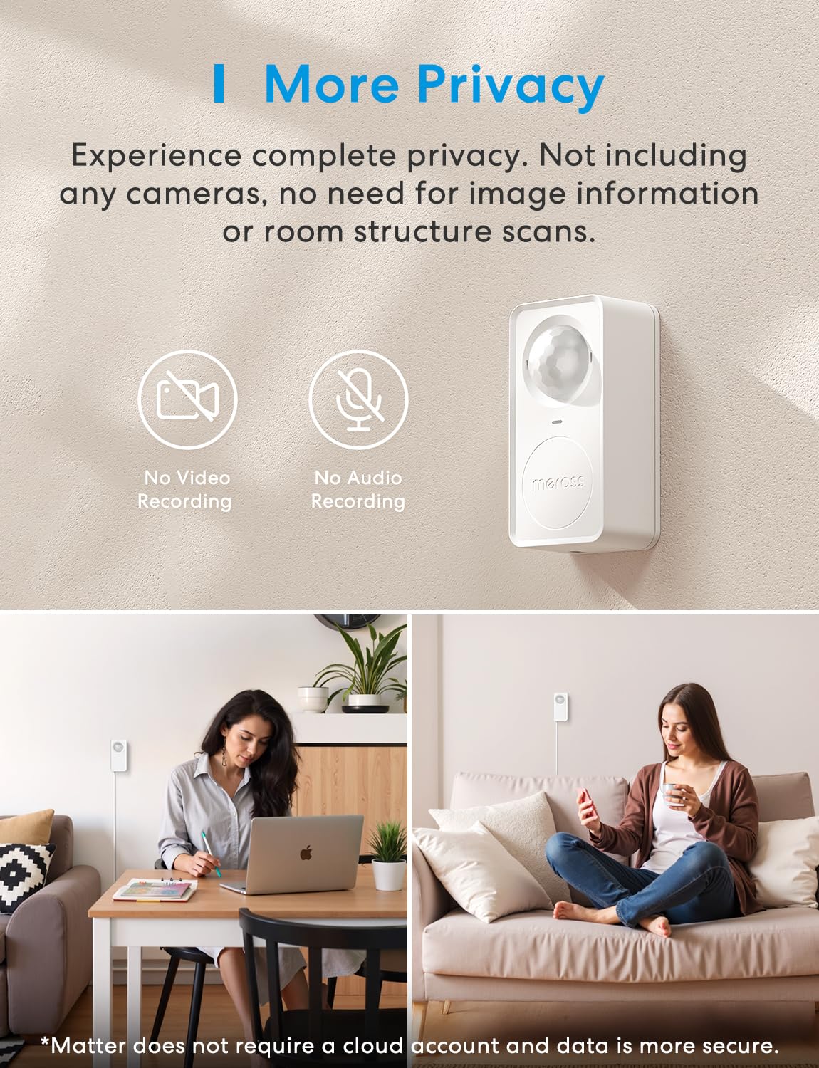 Meross Matter Presence Motion Sensor - Smart Presence Sensor with Cable, Indoor WiFi Motion Detector with App Notification for Home Security, Works with Apple HomeKit, Alexa, Google Home