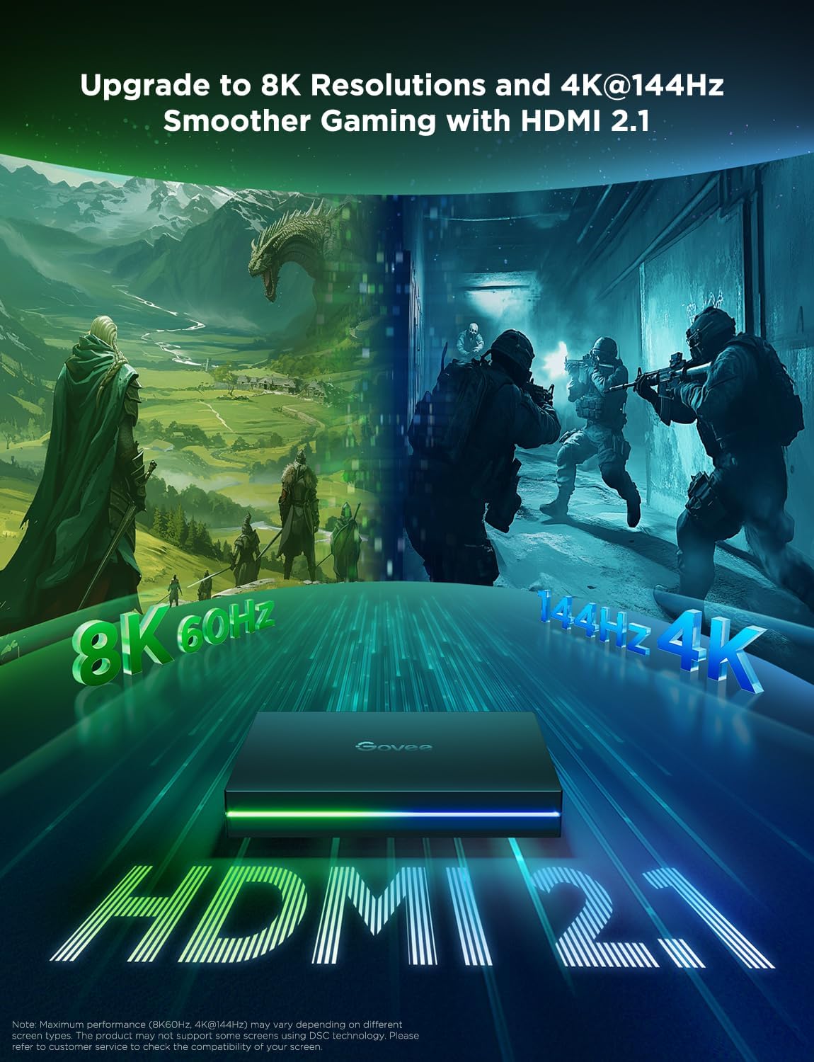 Govee HDMI 2.1 Sync Box Kit 2, AI Sync Box with TV Backlight,Supports 8K@60Hz, 4K@144Hz, VRR and ALLM, Works with Matter, RGBIC LED Strip for 55-65 inch TVs, 75 LEDs/m
