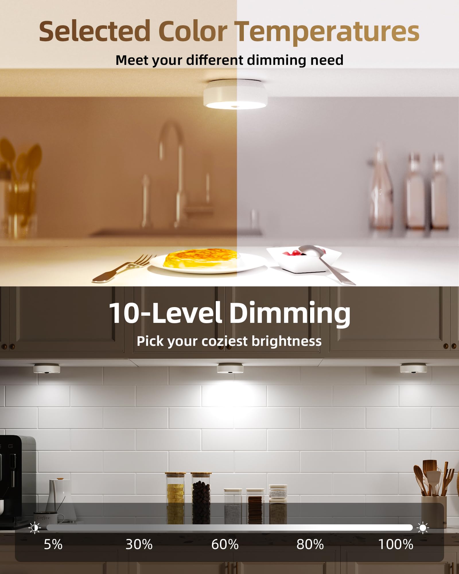 EZVALO Under Cabinet Lights, 2 Color Motion Sensor Lights, 1200mAh Rechargeable Puck Lights for Group Control, Dimmable LED Under Counter Lights for Kitchen and Cabinet (3 Pack)