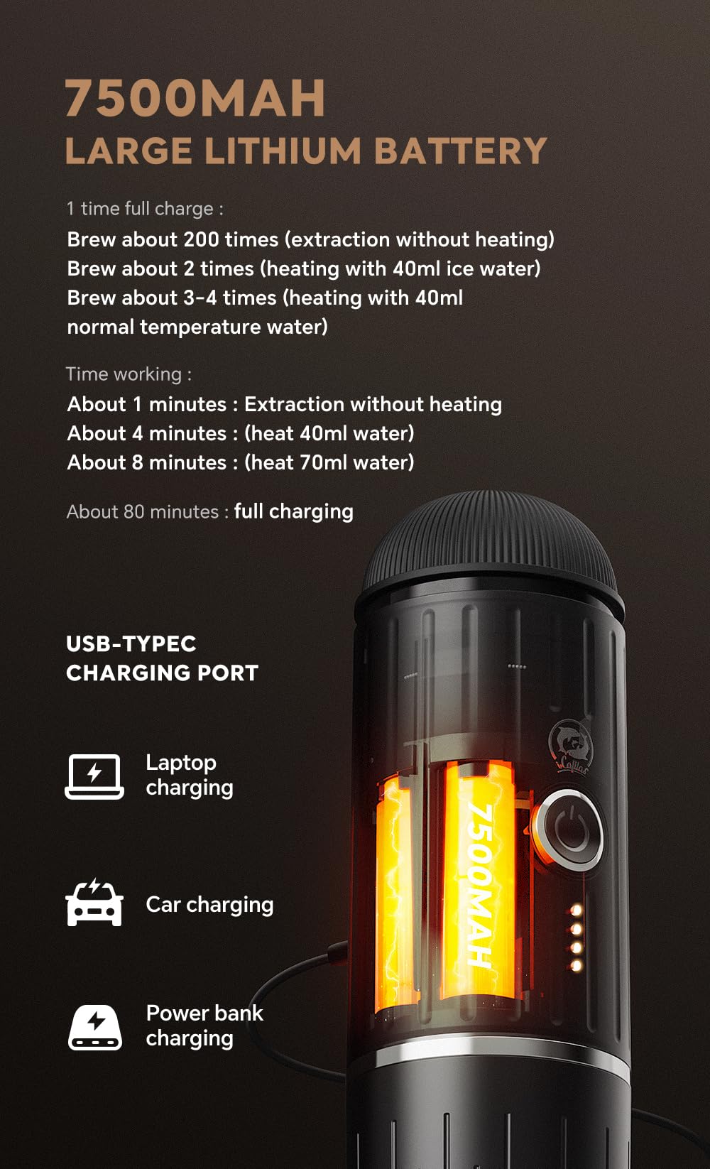 i Cafilas Portable Coffee Maker Travel Espresso Machine 120W, 19 Bar Pressure 7500mAh Rechargeable Battery Version Portable On the Go for Camping, Driving, Home and Office Travelling