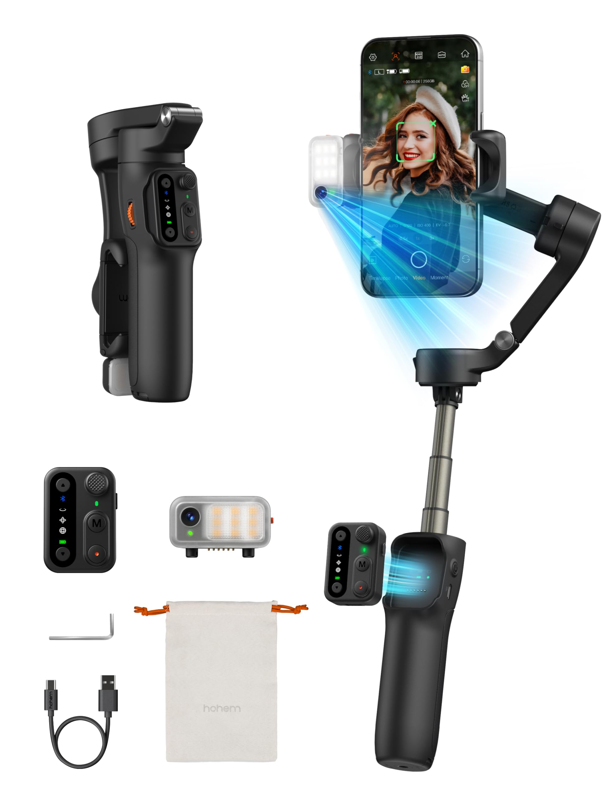 Hohem iSteady V3 Gimbal Stabilizer for Smartphone, 3-Axis Stabilization with AI Tracker, Detachable Remote Control, Built-in Extension Rod and Tripod, Portable and Foldable, Video Recording, Black