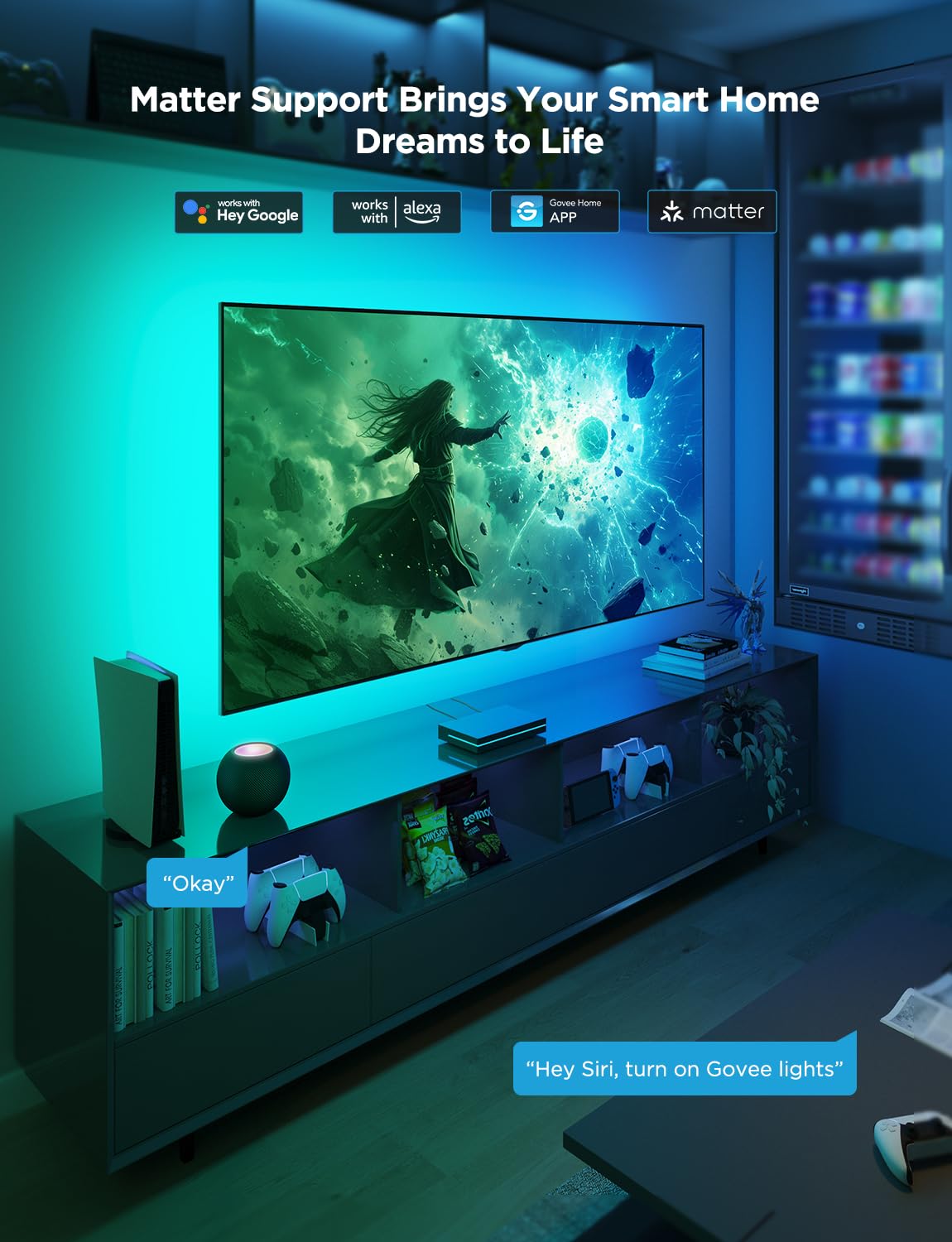 جوفي صندوق مزامنة HDMI 2.1، صندوق مزامنة بالذكاء الاصطناعي مع اضاءة خلفية للتلفزيون، يدعم 8K@60Hz، 4K@144Hz، VRR وALLM، يعمل مع ماتر واليكسا، شريط اضاءة LED RGBIC لتلفزيونات 55-65 بوصة، 75 مصباح