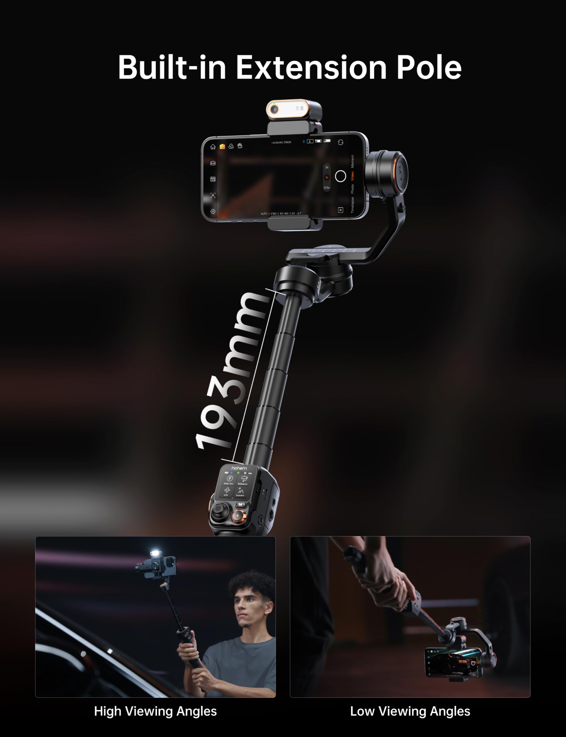 Hohem M7 Smartphone Gimbal Stabilizer with AI Tracking Sensor, Fill Light, Detachable Remote Control with 1.4 Inch Touch Screen, Built-in Extension Rod, 3-Axis Gimbal for iPhone and Android