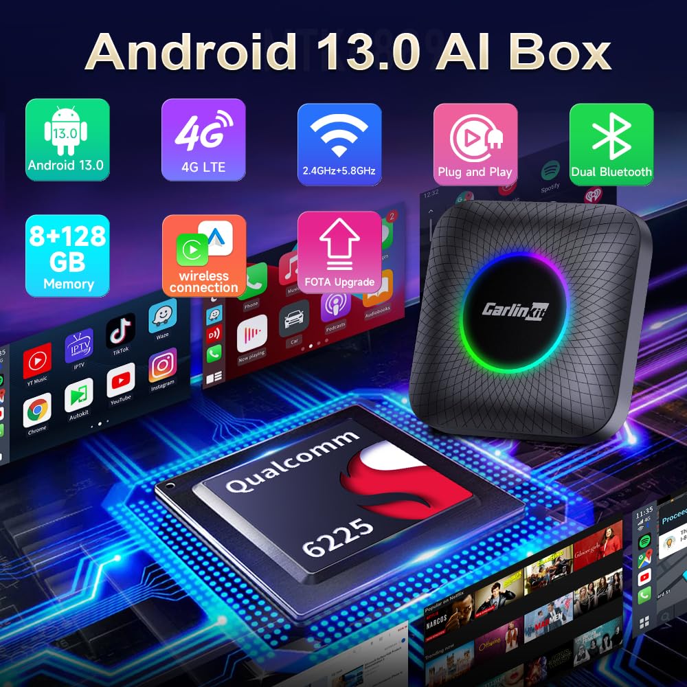 CarlinKit CarPlay Ai Box Android 13.0 with LED Light for Car with Wired CarPlay and Touchscreen,Bulit-in 4G Net,8-Core 8+128G,GPS,YouTube,Netflix,Google Play,Wired to Wireless CarPlay and Android Auto