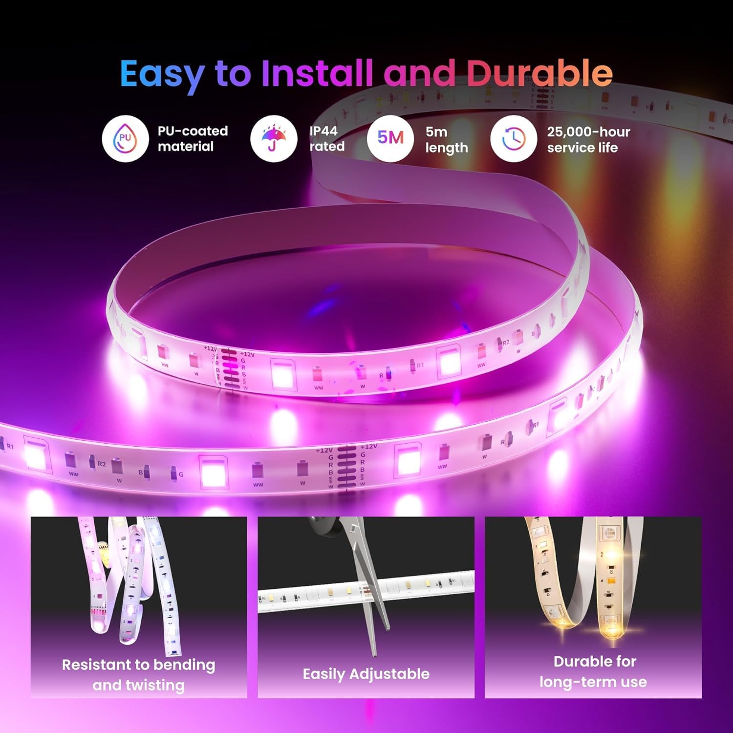 سويتش بوت شريط اضاءة LED بطول 5 متر 3 - اضاءة RGB ذكية + مصابيح LED بيضاء باردة ودافئة، متوافق مع المادة، تحكم بالصوت والتطبيق، يعمل مع ابل هوم واليكسا وجوجل هوم، 16 مليون لون، مزامنة الموسيقى، سطوع